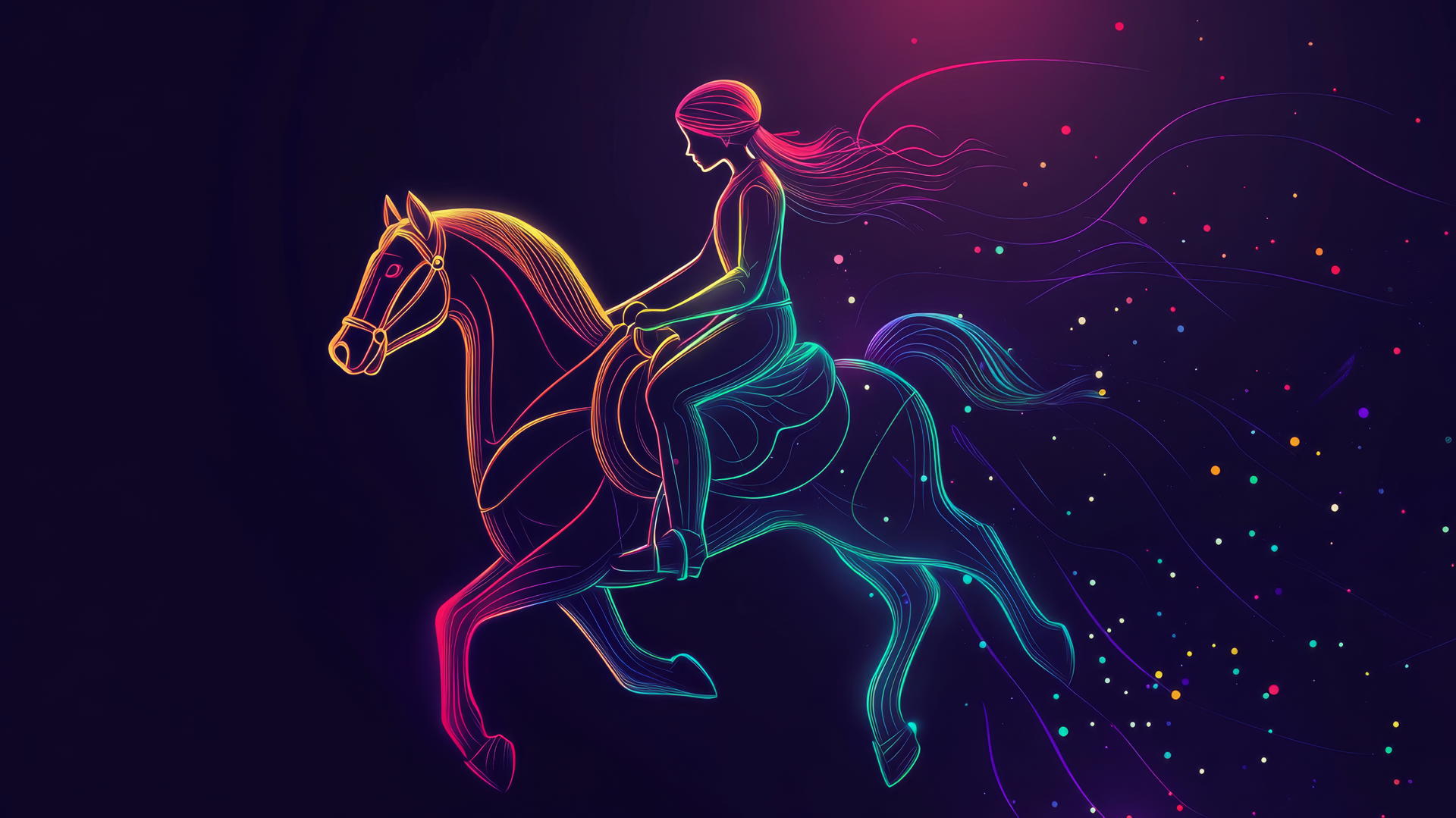 minimalist vector of a girl on a glowing carousel horse against a dark backdrop