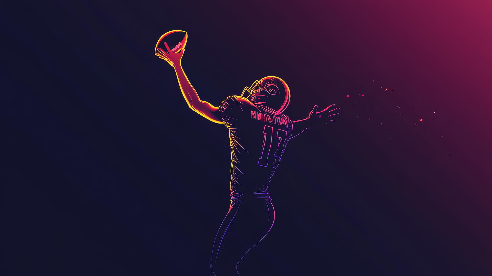 Minimalist silhouette of NFL player mid-air reaching for glowing football with neon trails on dark gradient background.