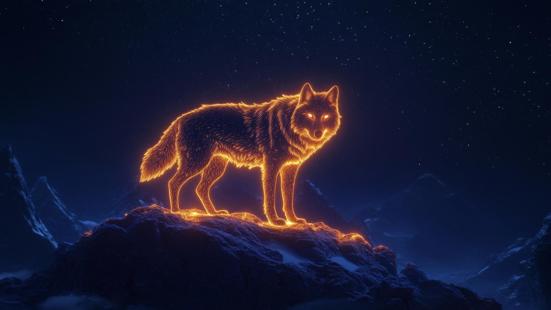 A glowing outline of a wolf on a mountain peak under a starry sky.