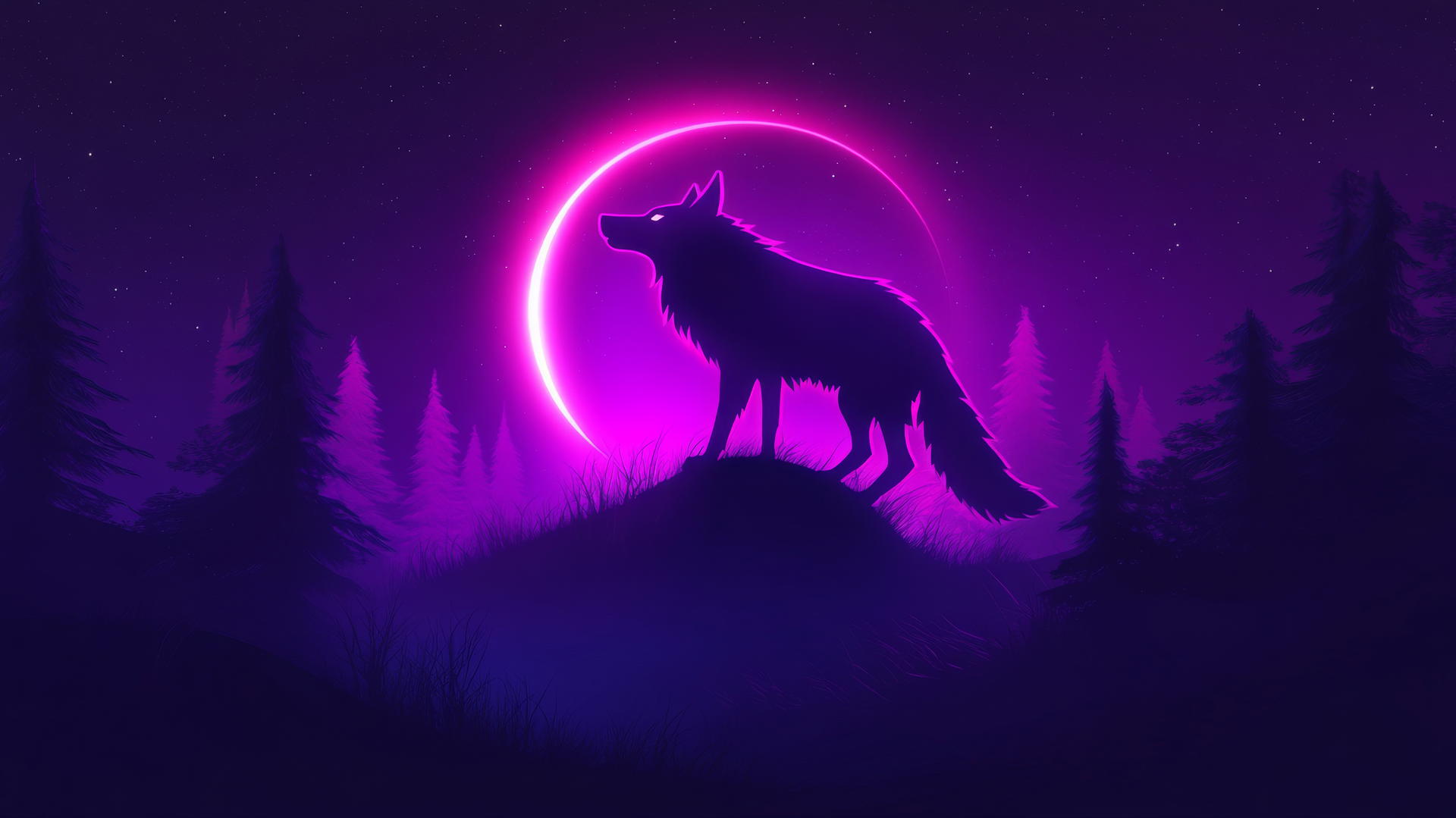 Silhouette of howling wolf with neon light outline against crescent moon and dark forest
