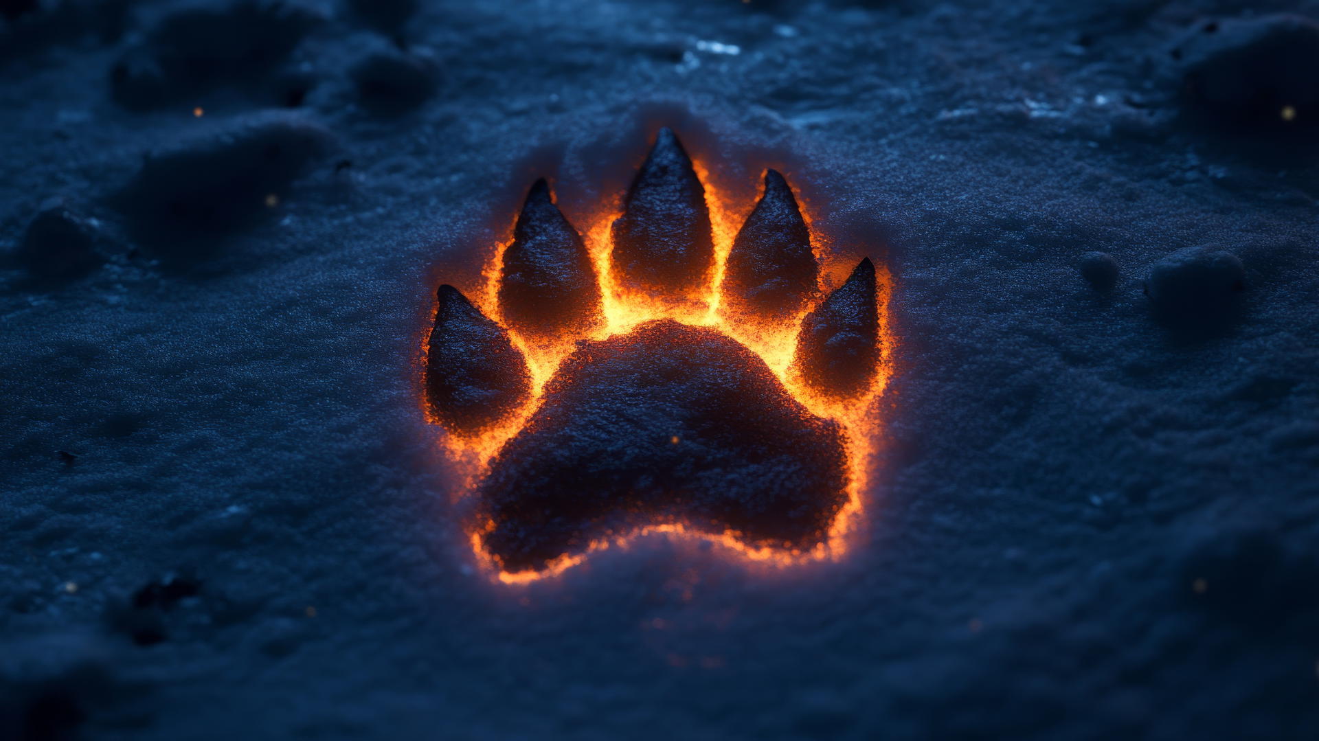 Glowing wolf paw print in the snow with subtle neon light edges