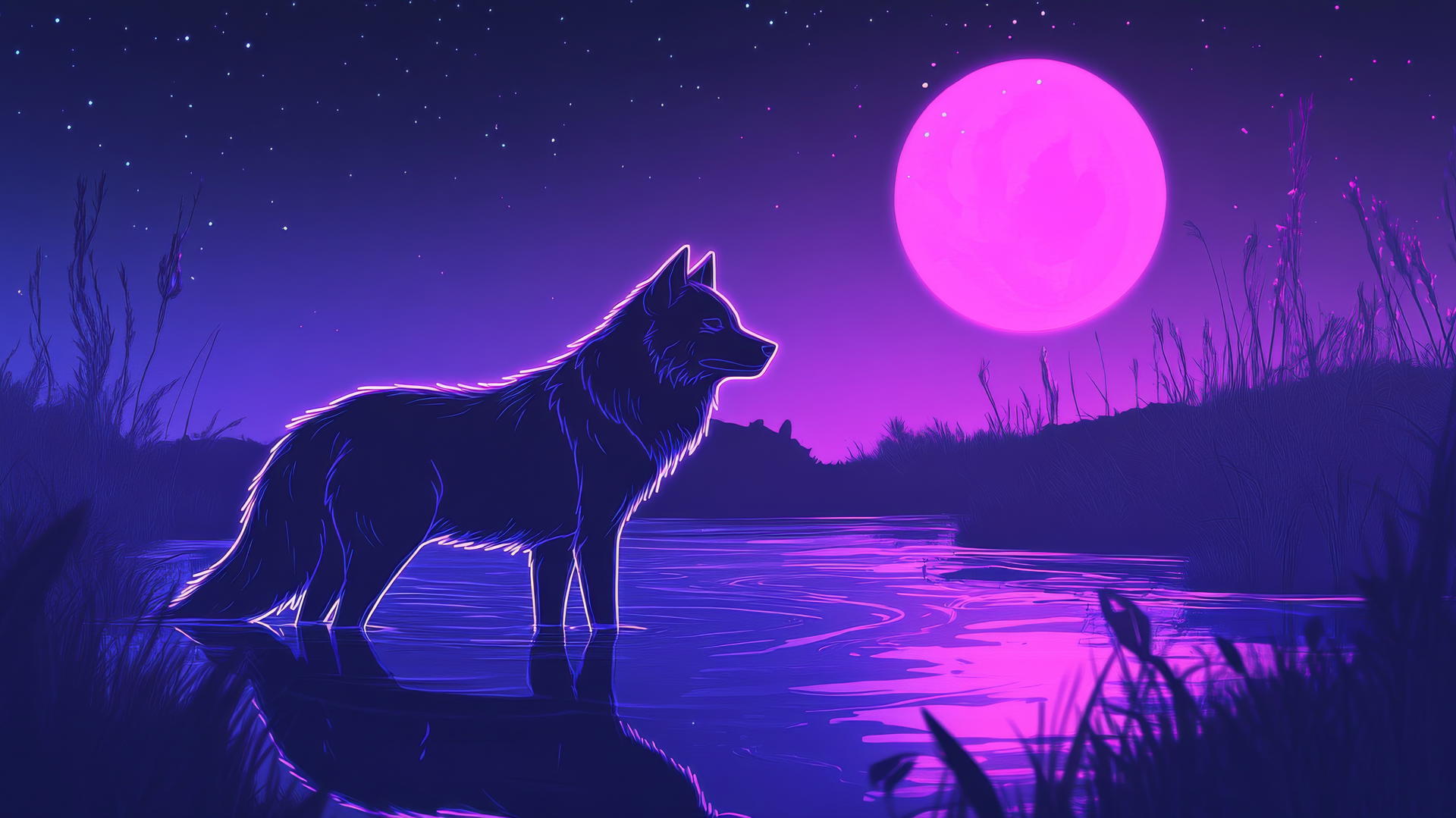 minimalist outline of wolf by glowing river with neon reflections and moonlit sky