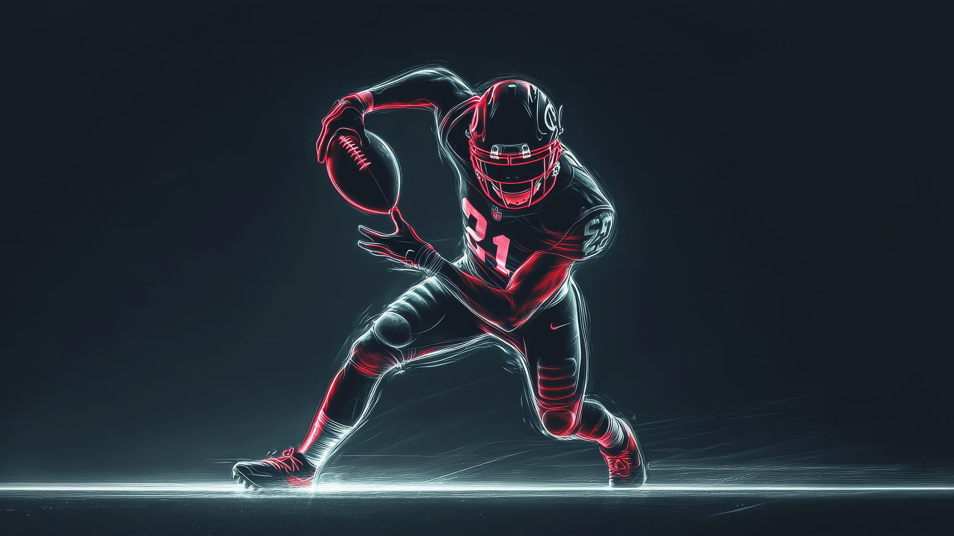 Minimalist quarterback in motion with glowing ball trajectory