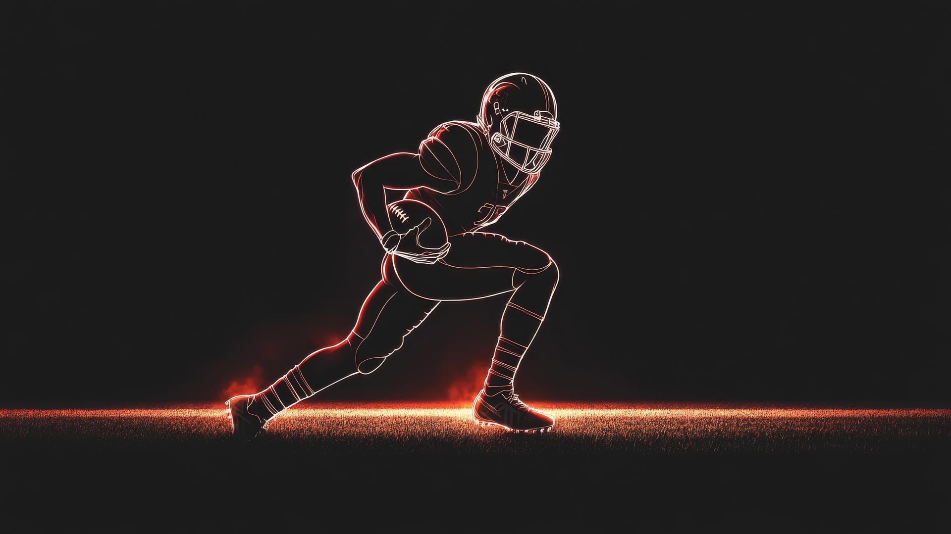 Minimalist running back sprinting with glowing outlines on flat field
