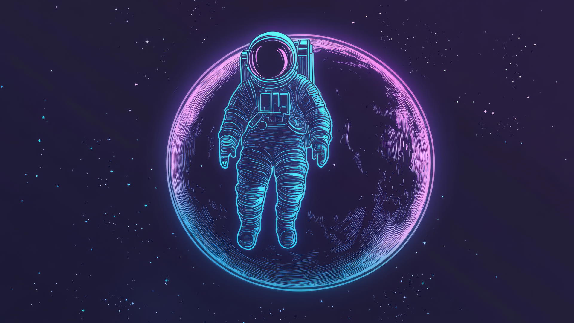 Neon-outlined astronaut floating before an illuminated planet with stars in dark sky.