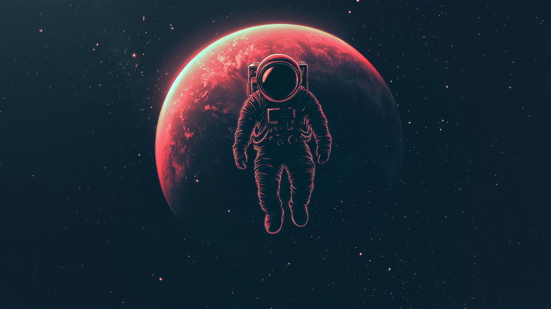 Neon outline of astronaut floating in front of softly illuminated planet with stars in dark sky