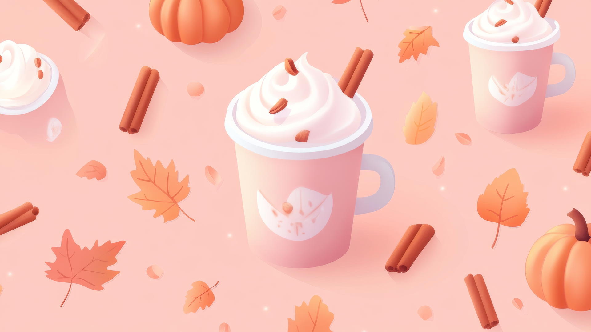 Pattern of pumpkin spice lattes, cinnamon, and fall leaves on pink
