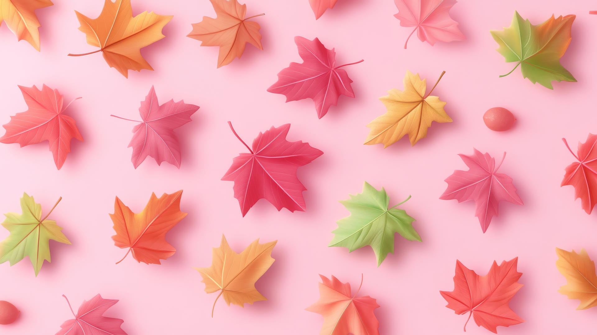 colorful fall leaves on pink background with plaid accents