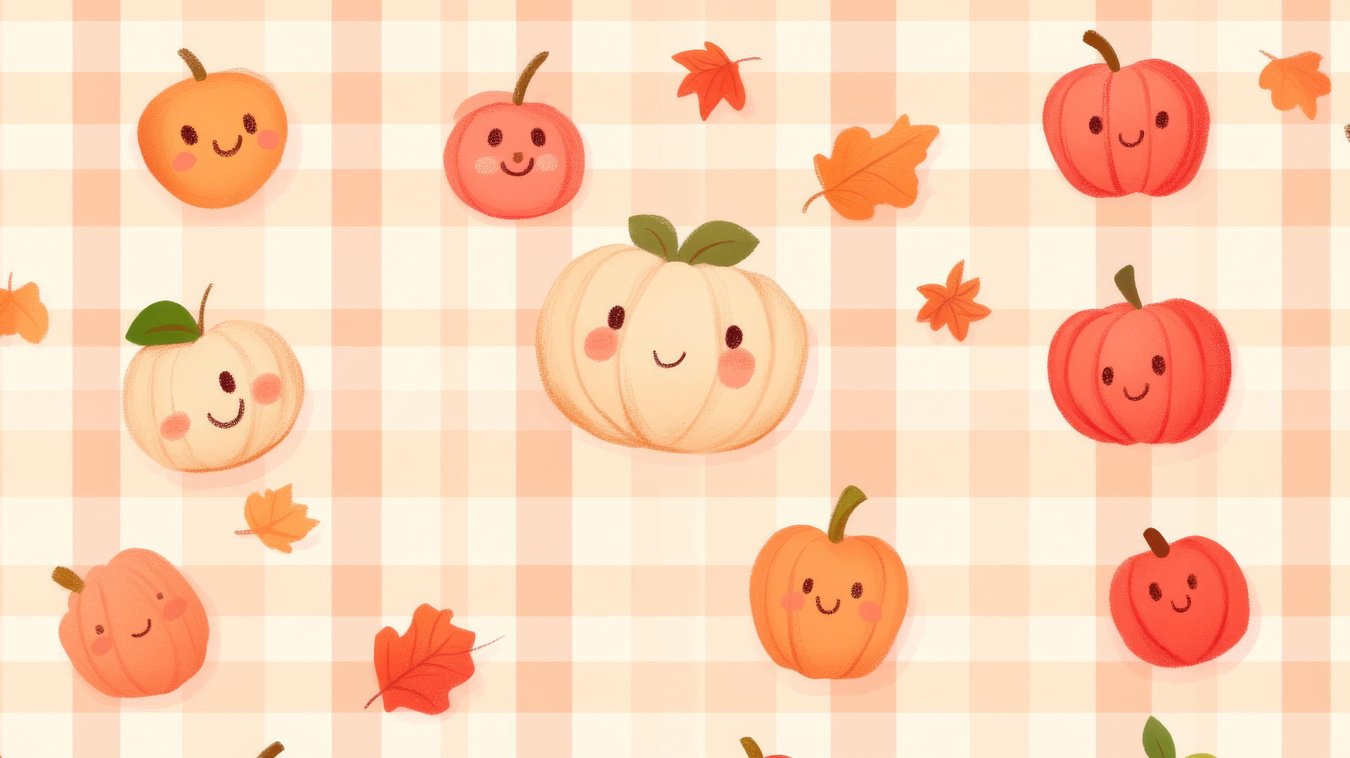 Autumn-themed plaid pattern with apples, pumpkins, and leaves