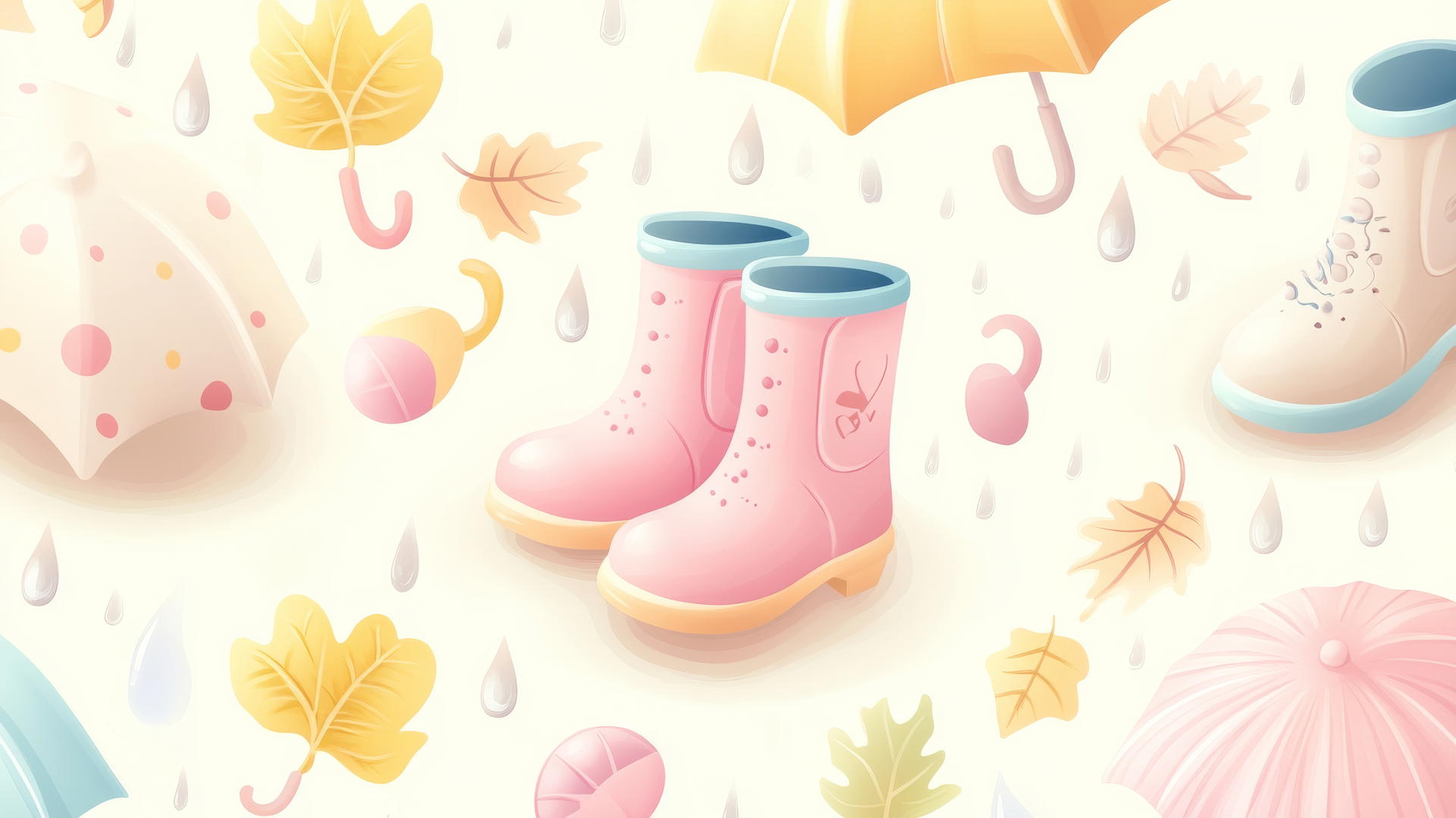 pattern of rain boots, umbrellas, and falling leaves
