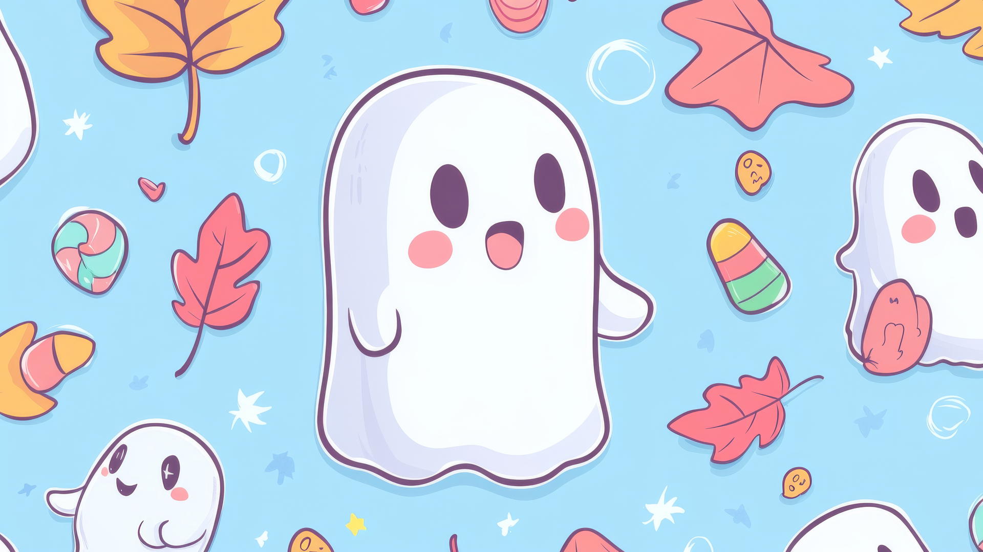 Cute ghosts, candy, and leaves on pastel blue.