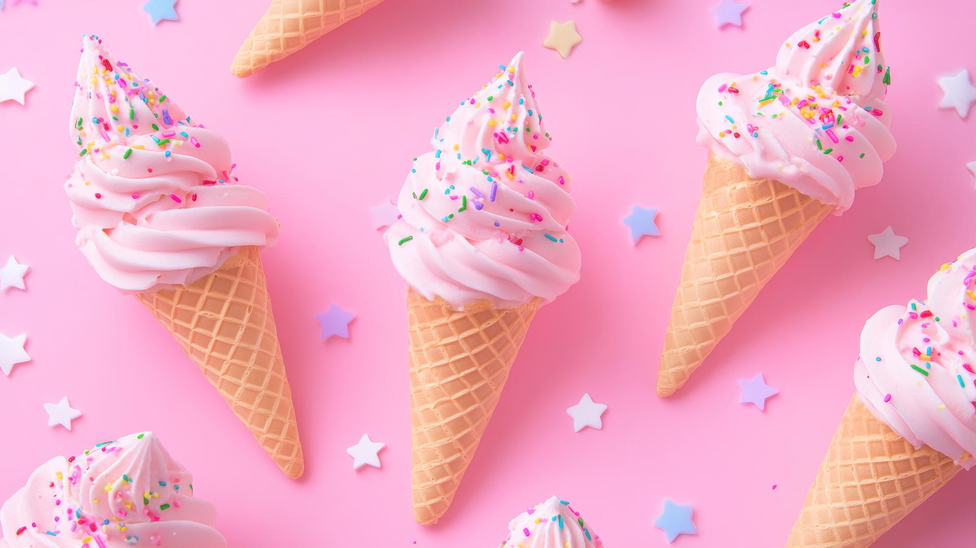 Pink ice cream cones with sprinkles on a pastel background.