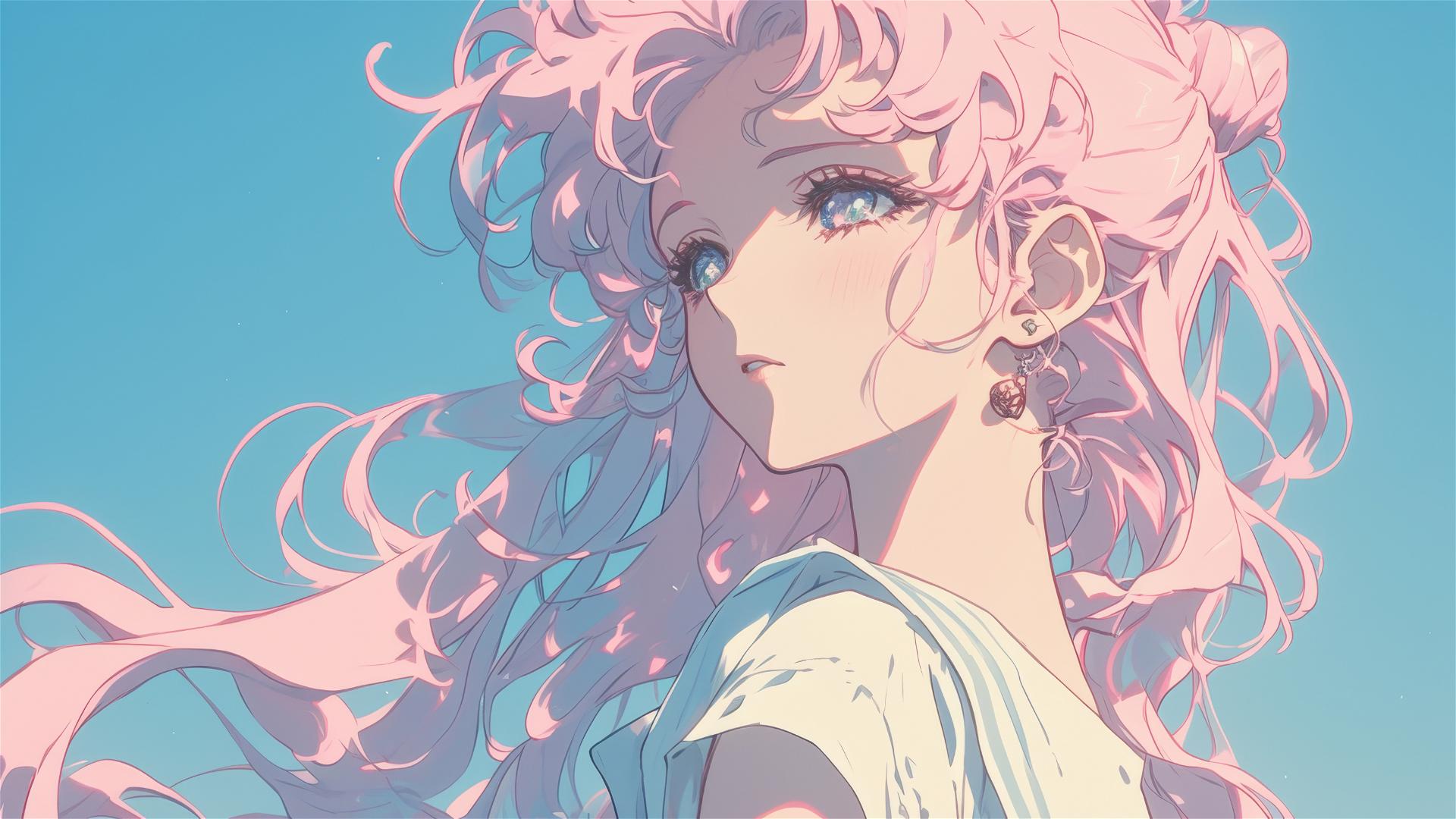 Illustration of a shy girl with long pink hair in 1980s anime style, inspired by Sailor Moon.
