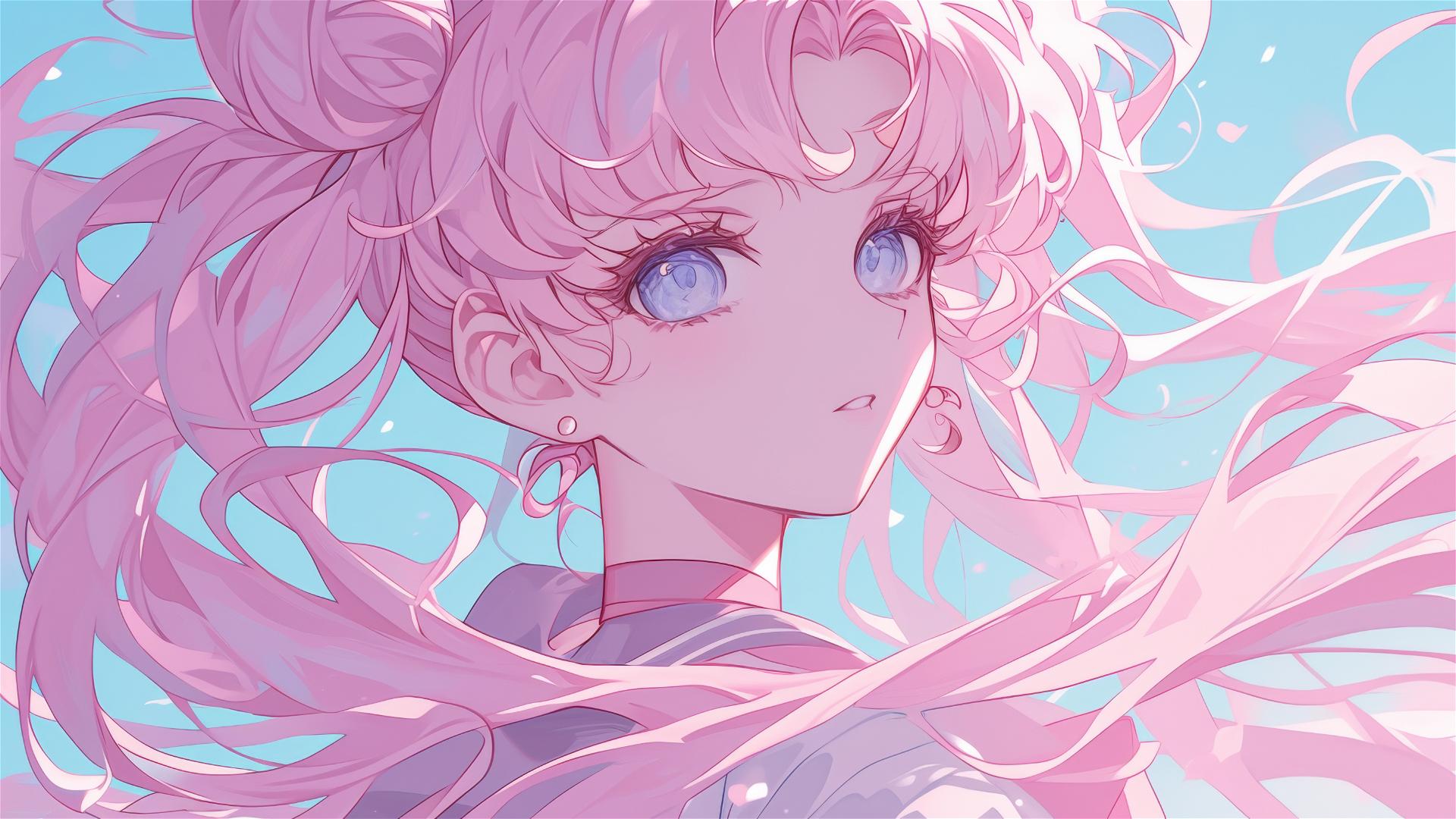 Illustration of shy girl with long pink hair in 1980s anime style, inspired by Sailor Moon.