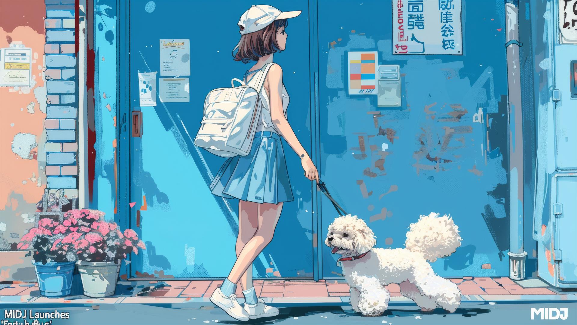 Anime girl in blue with white poodle walking on street, pastel blue background.
