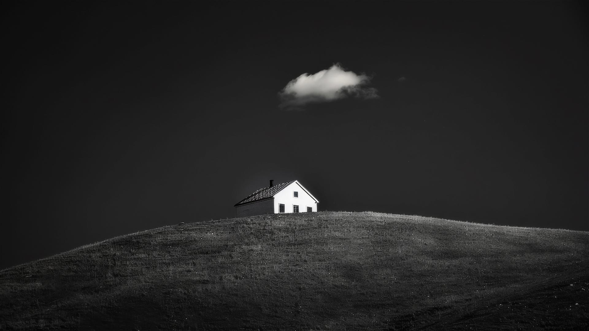 White house on grassy hill with black sky and single cloud above.