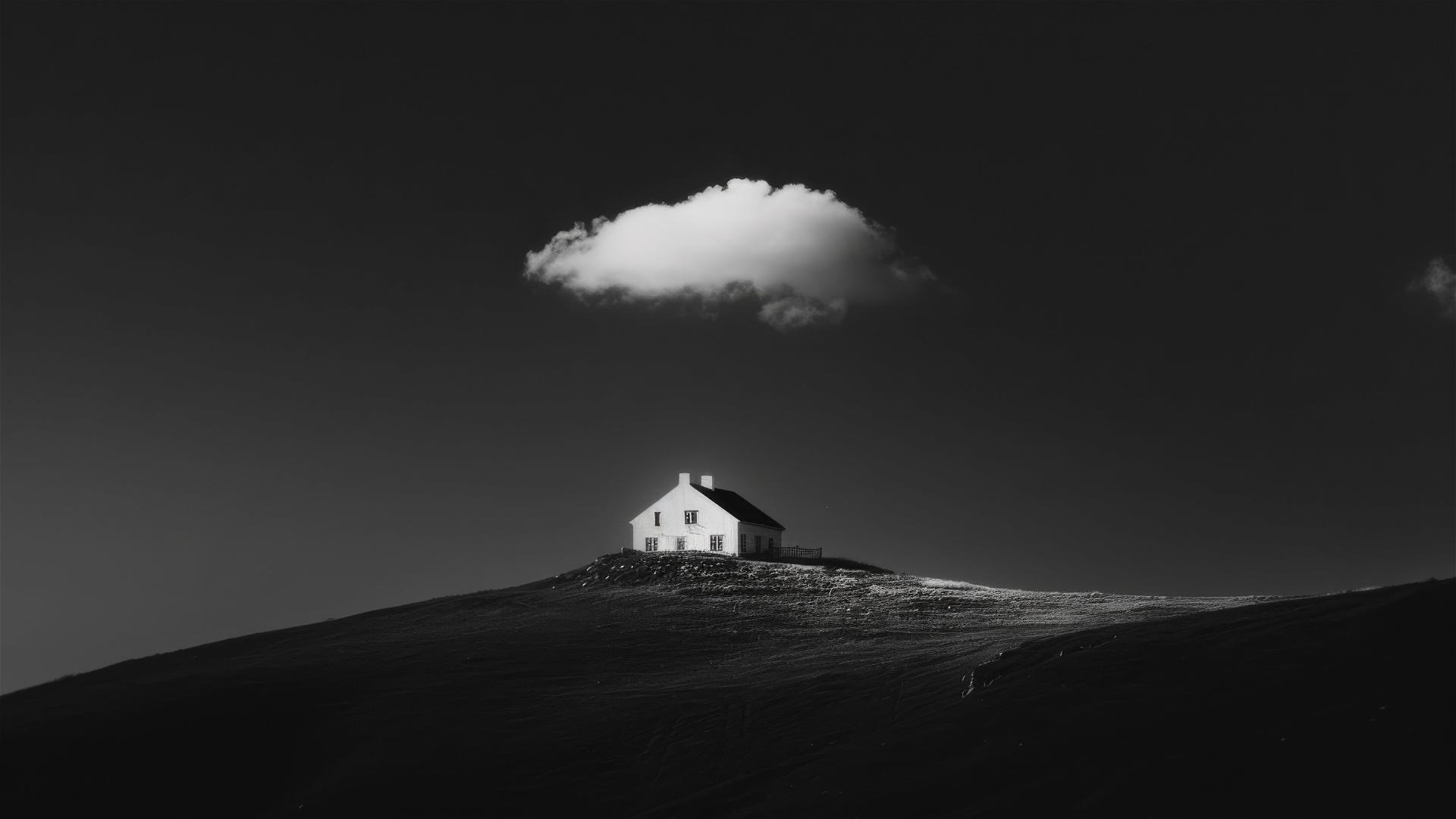 White house on grassy hill with black sky and single cloud above