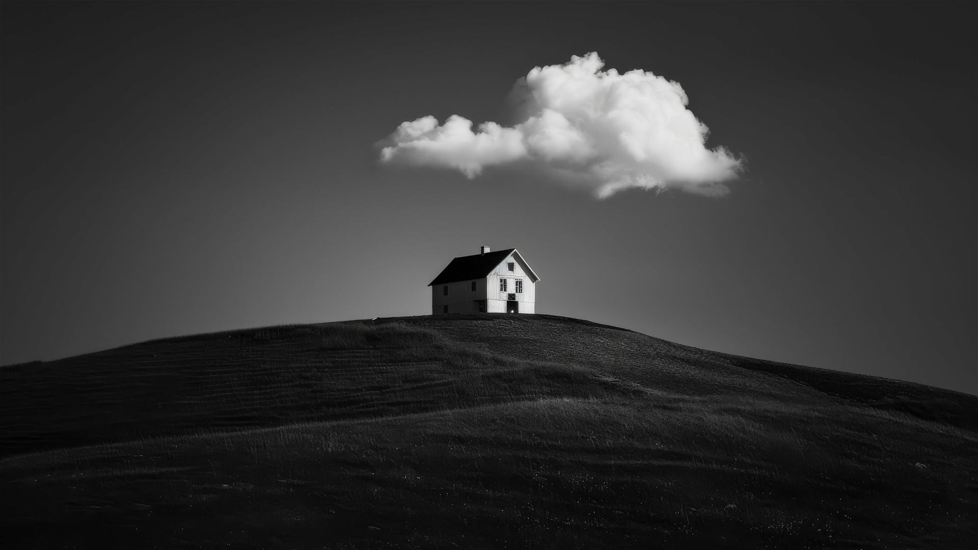 White house on grassy hill, black sky, single white cloud above.