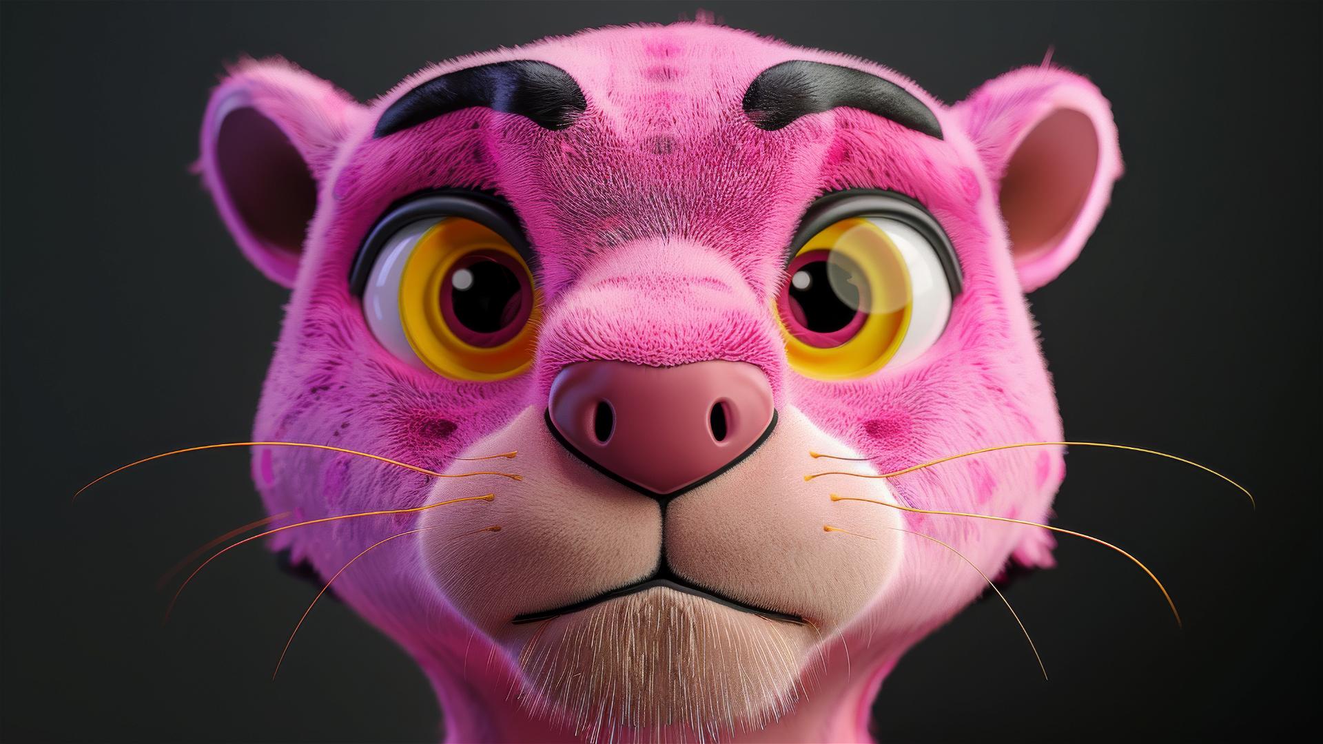 3D cartoon Pink Panther with yellow eyes, white background