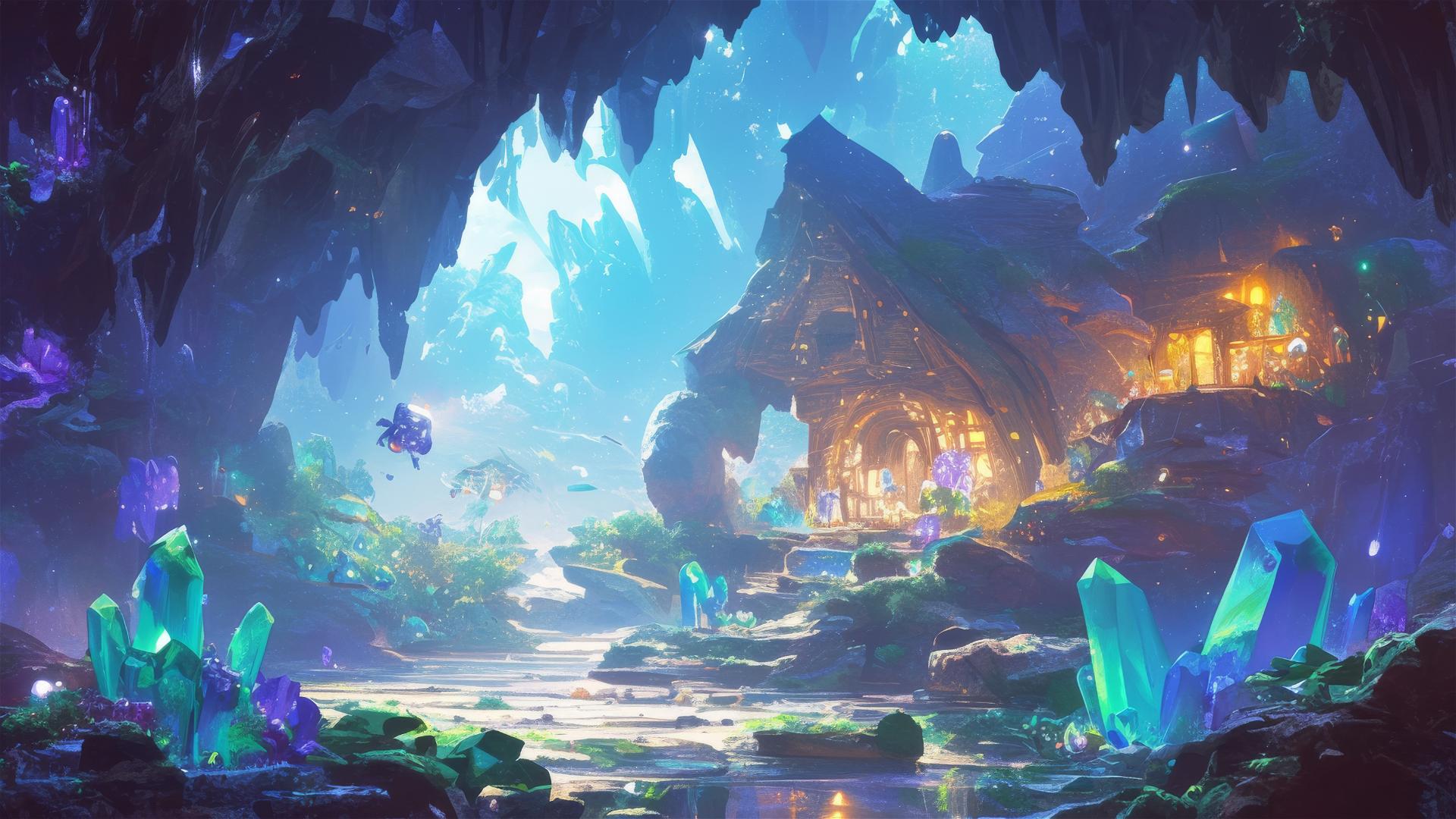 Ghibli-style cave with crystals and magical creatures.