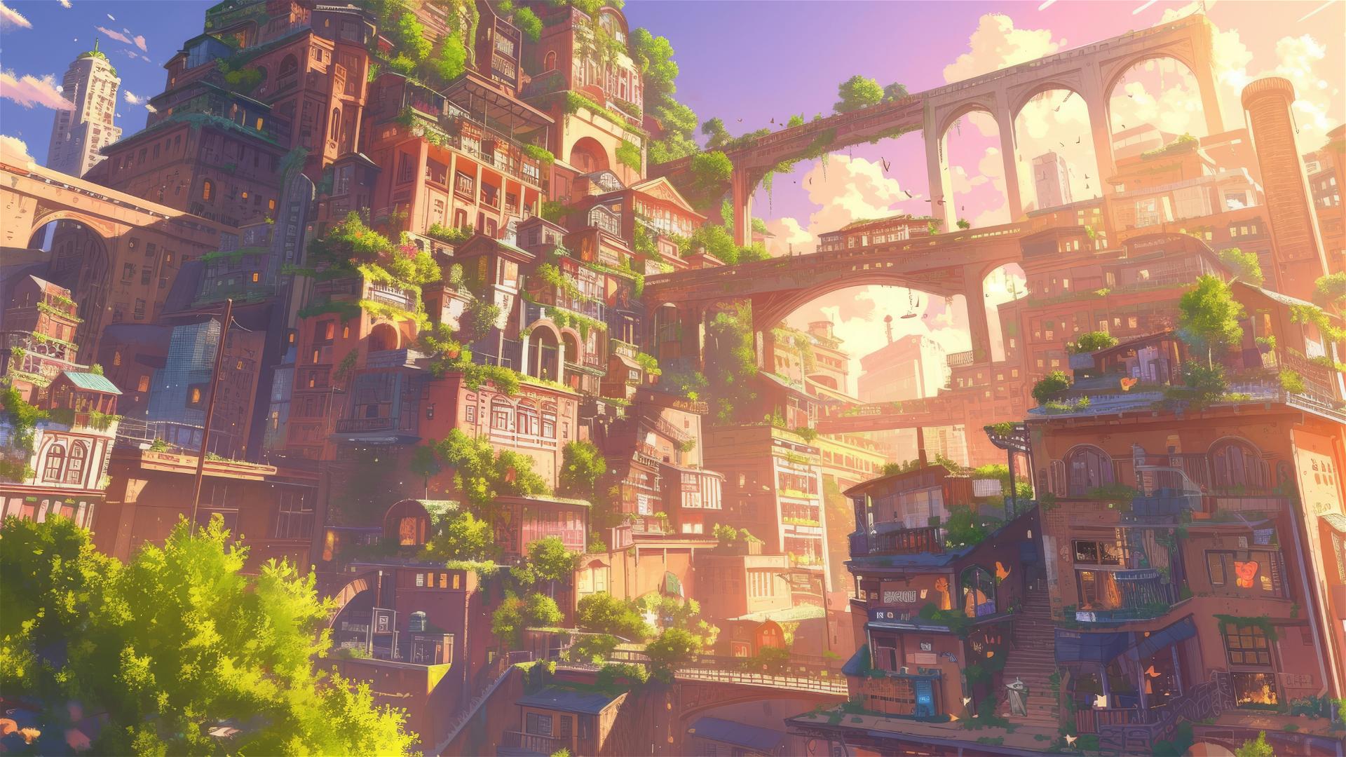Anime cityscape with Ghibli magic, skyscrapers, hanging gardens, and mystical creatures at golden hour.