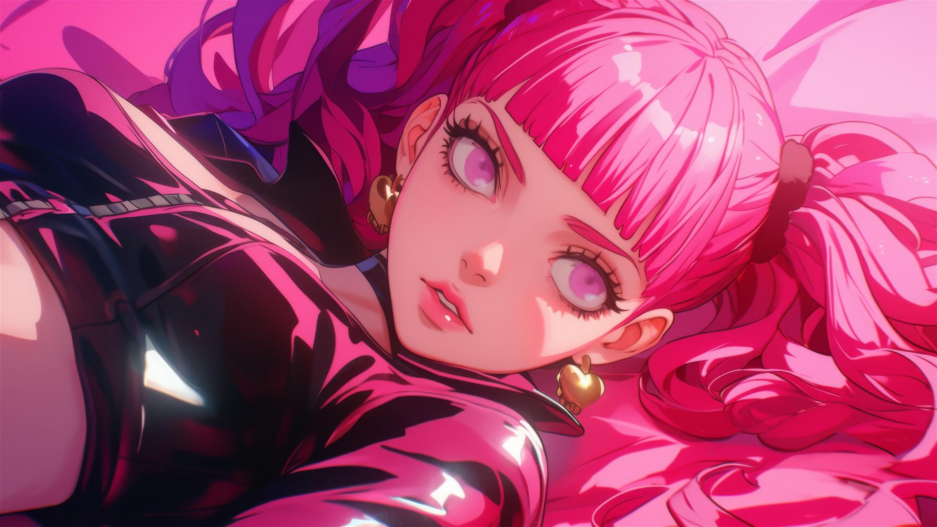 Perona in black and pink leather, lying in bed with swirling air and neon glow.
