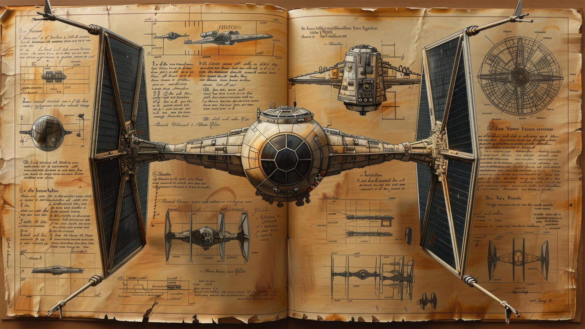 Leonardo Da Vinci-style sketch of a TIE fighter with Latin annotations on sepia paper.