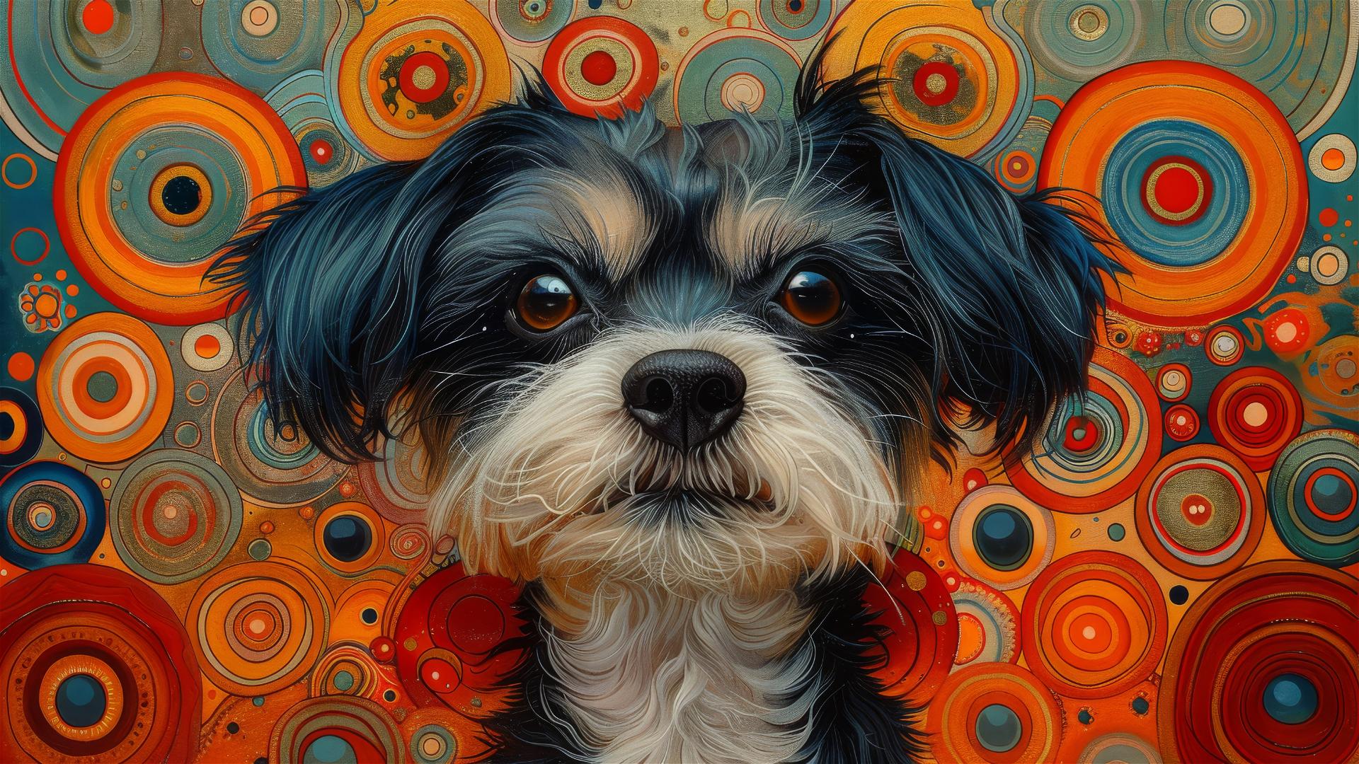 Shih Tzu styled as Nefertiti in Faiza Maghni and Yayoi Kusama art, with National Geographic influence.