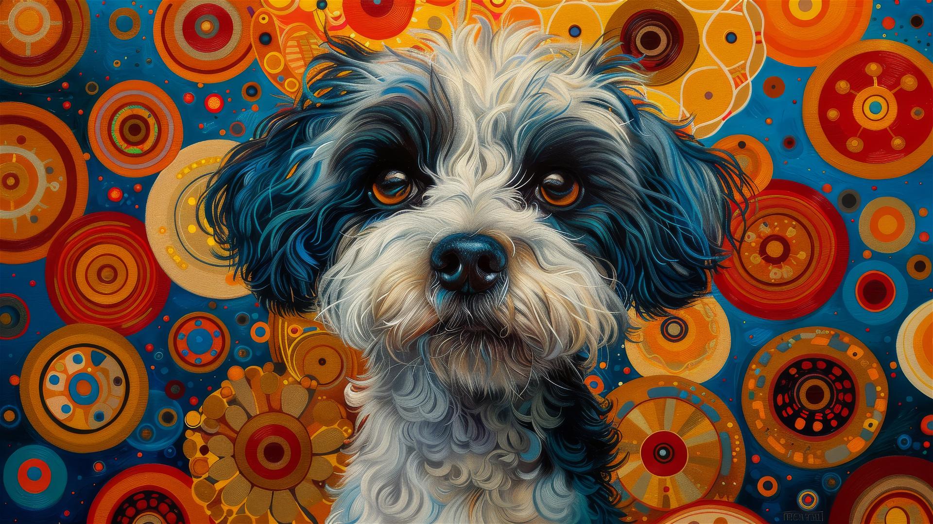 Shih Tzu styled as Nefertiti in Faiza Maghni and Yayoi Kusama's art, with National Geographic influence.