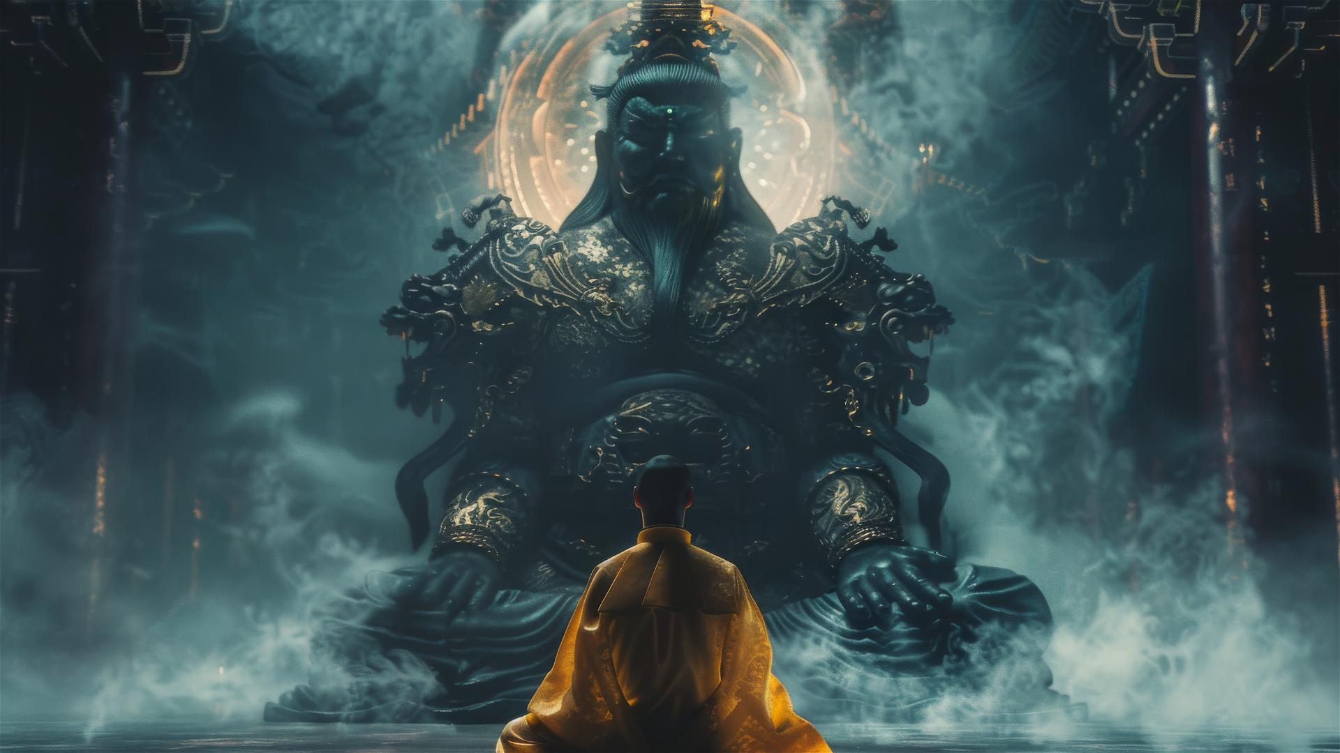 Tai Sui statue in golden armor and monk in misty scene