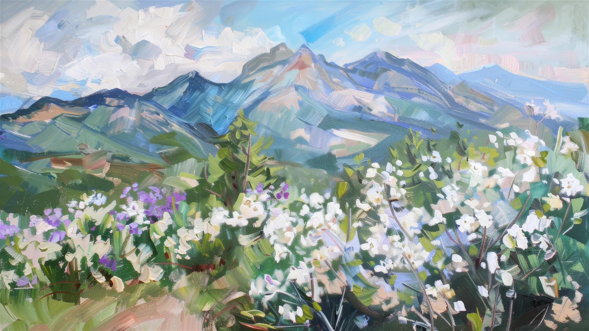 Cezanne-style oil painting of German Alps with white and purple flowers in summer.