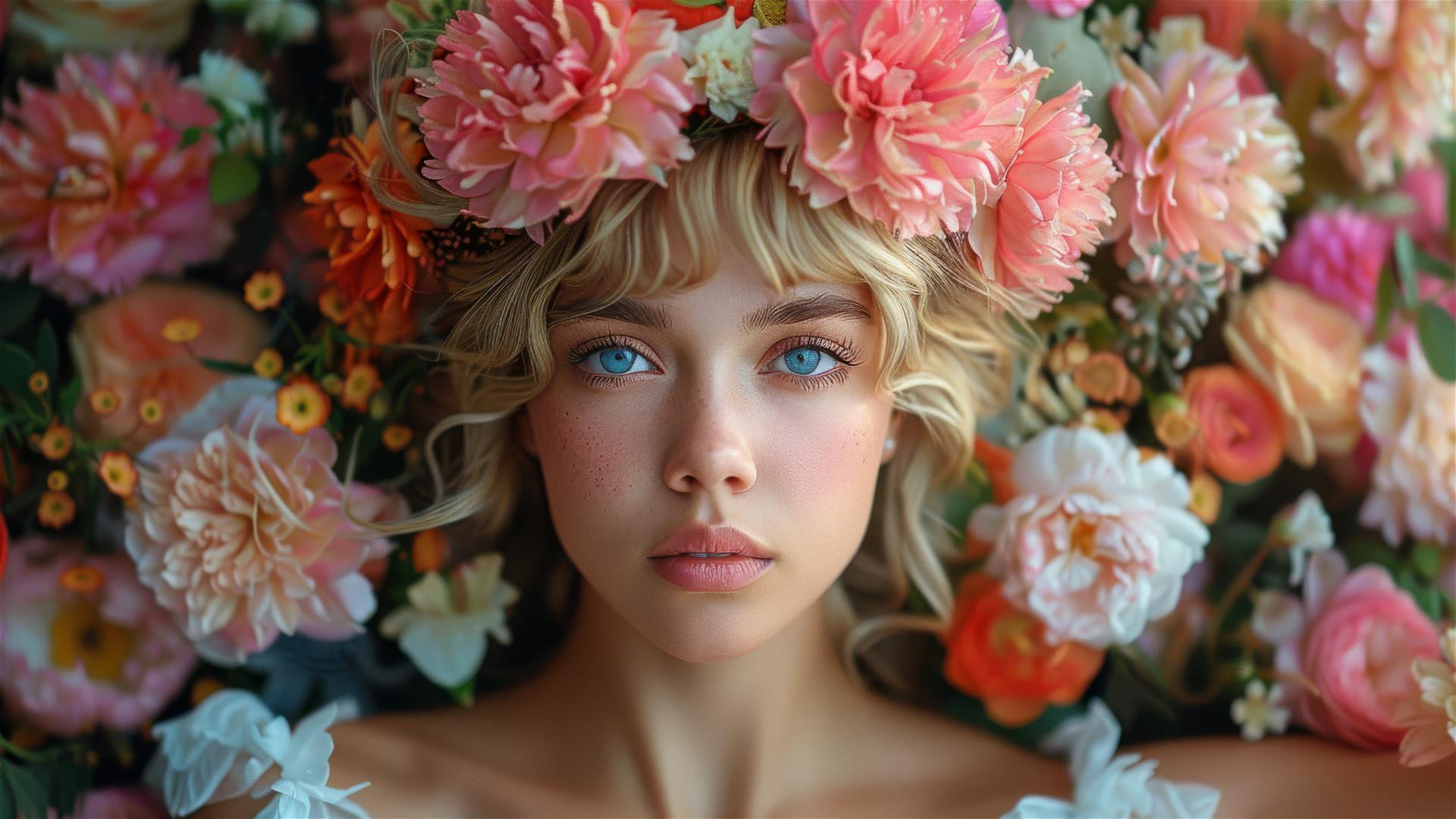 Blonde woman in a garden with flowers and plants, photo-realistic style.
