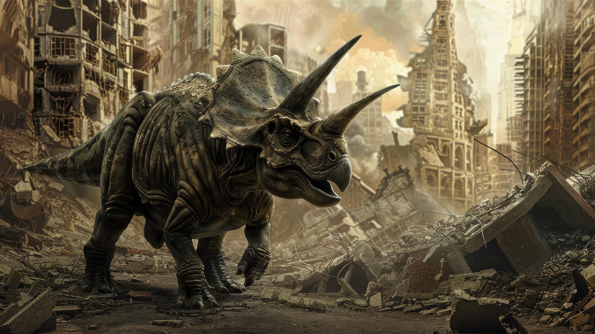 Triceratops and robots in ruins of war-torn buildings