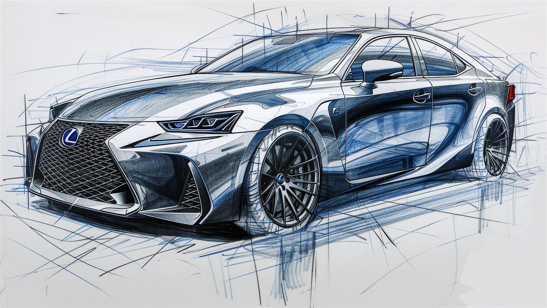 Black and white Lexus IS F blueprint and front view sketches.