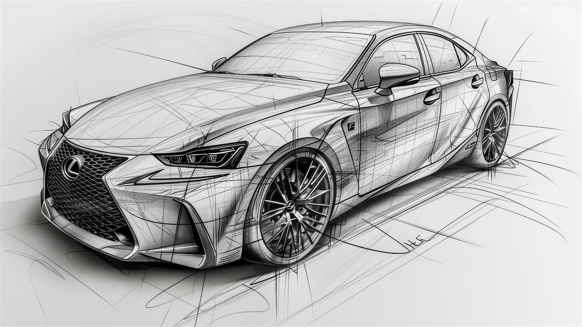 Black and white Lexus IS F blueprint and sketch, 3/4 front view.