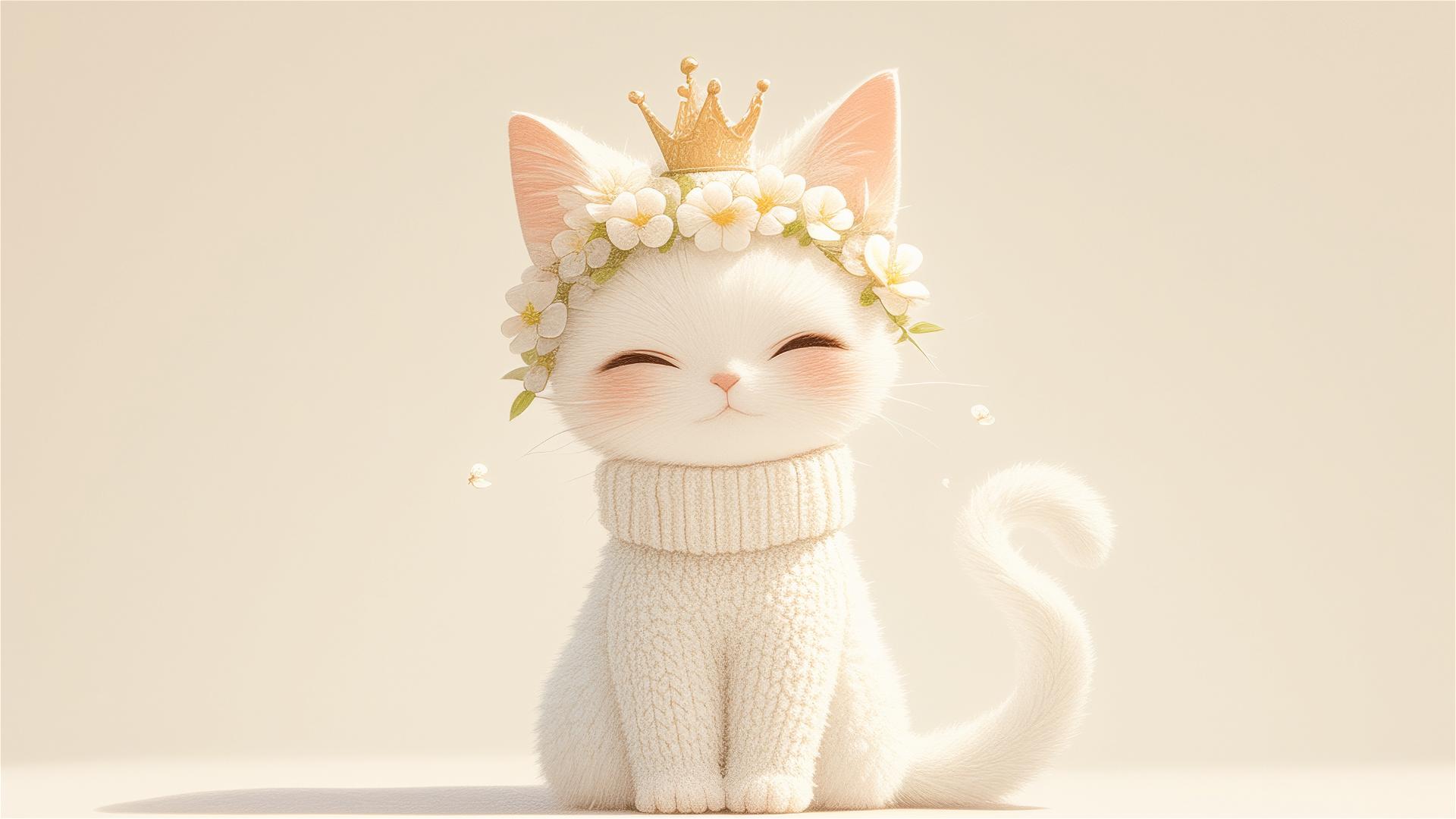 White knitted cat with crown on white background