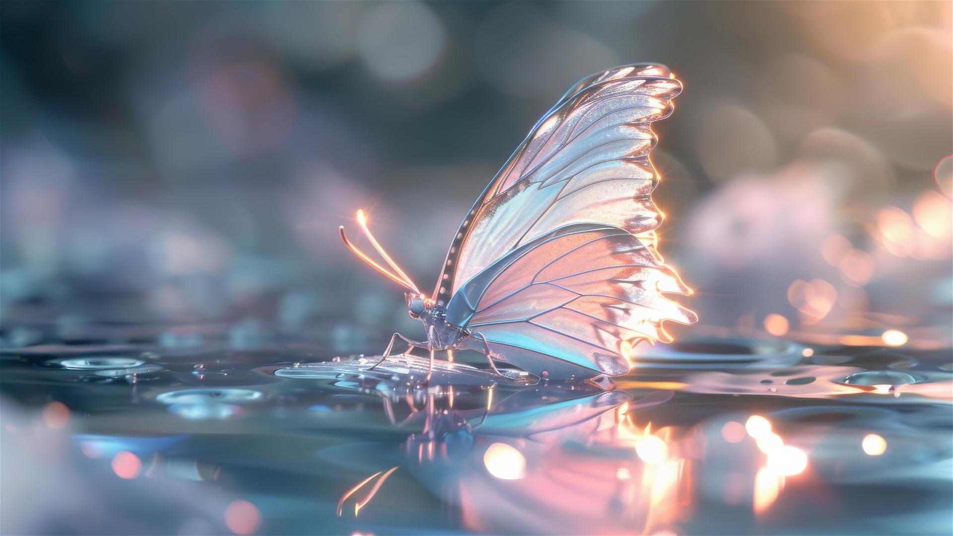 Cinema4D ray-traced butterfly in ice blue, silver, lavender, and pale gold