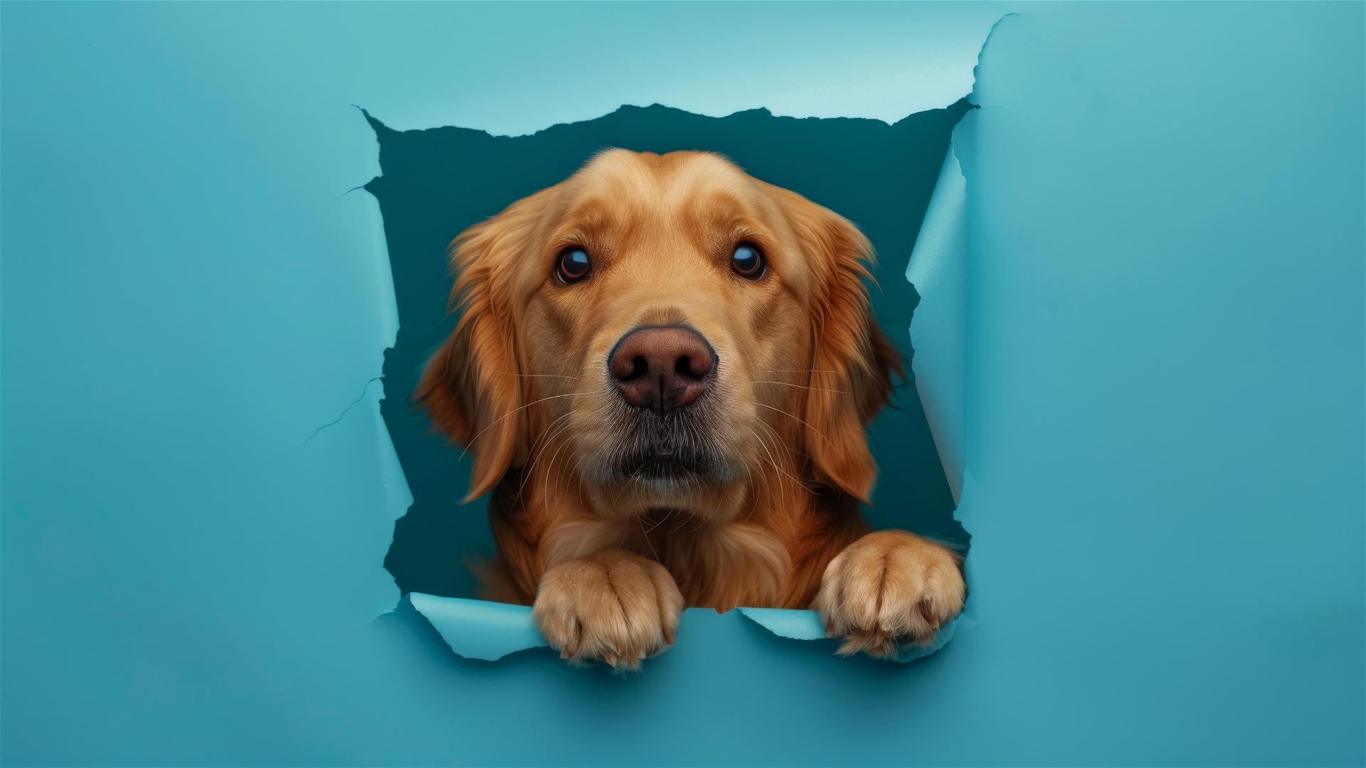 Golden Retriever peeking through sky blue paper wall hole