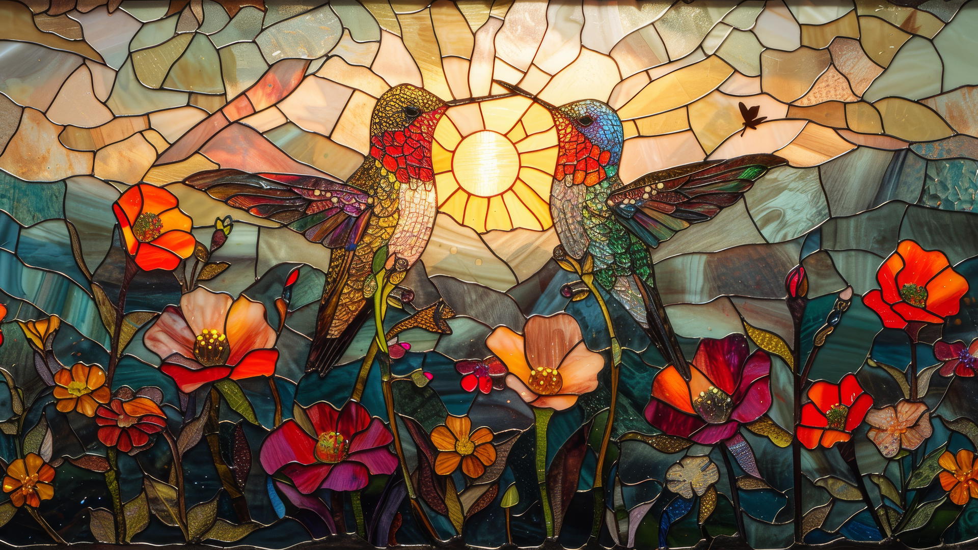 Two hummingbirds in stained glass artwork with colorful flora under a dreamy sunlit sky