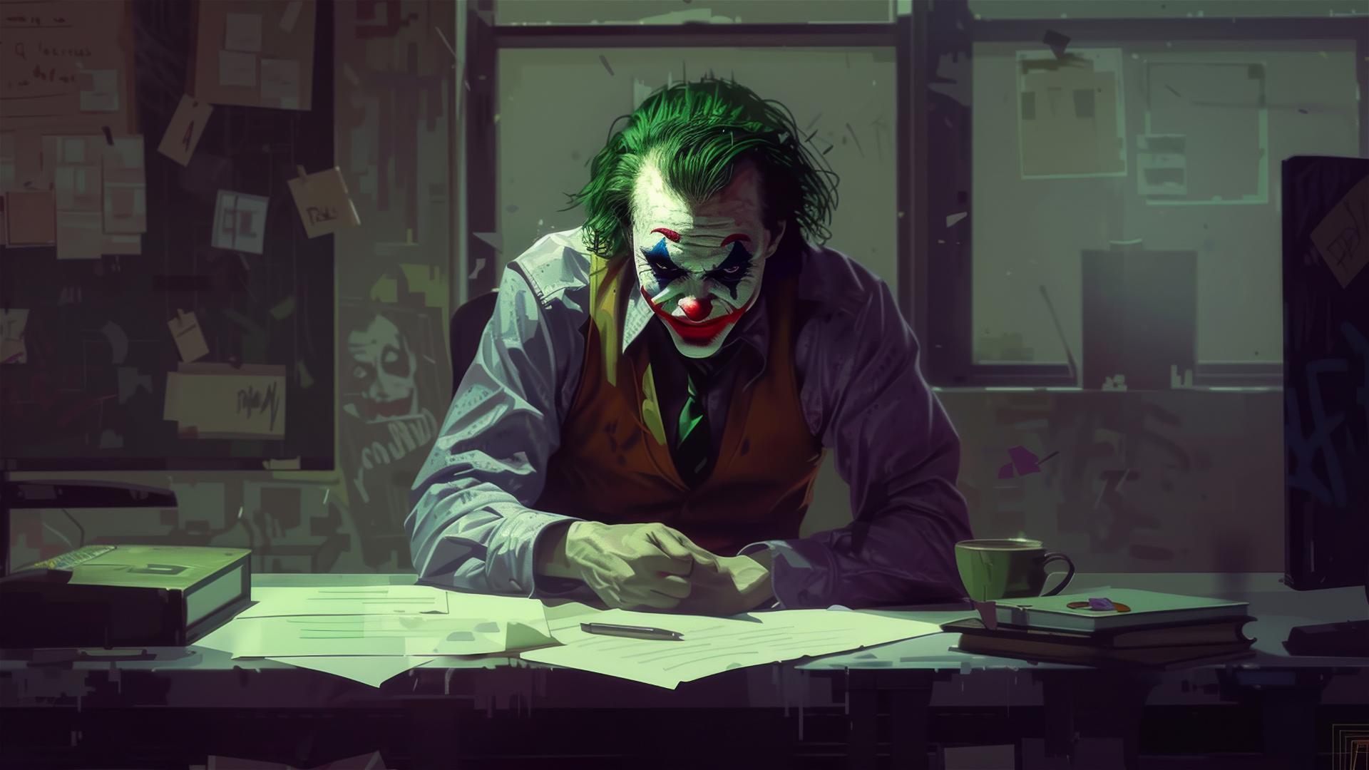 Joker character in office attire working at a desk