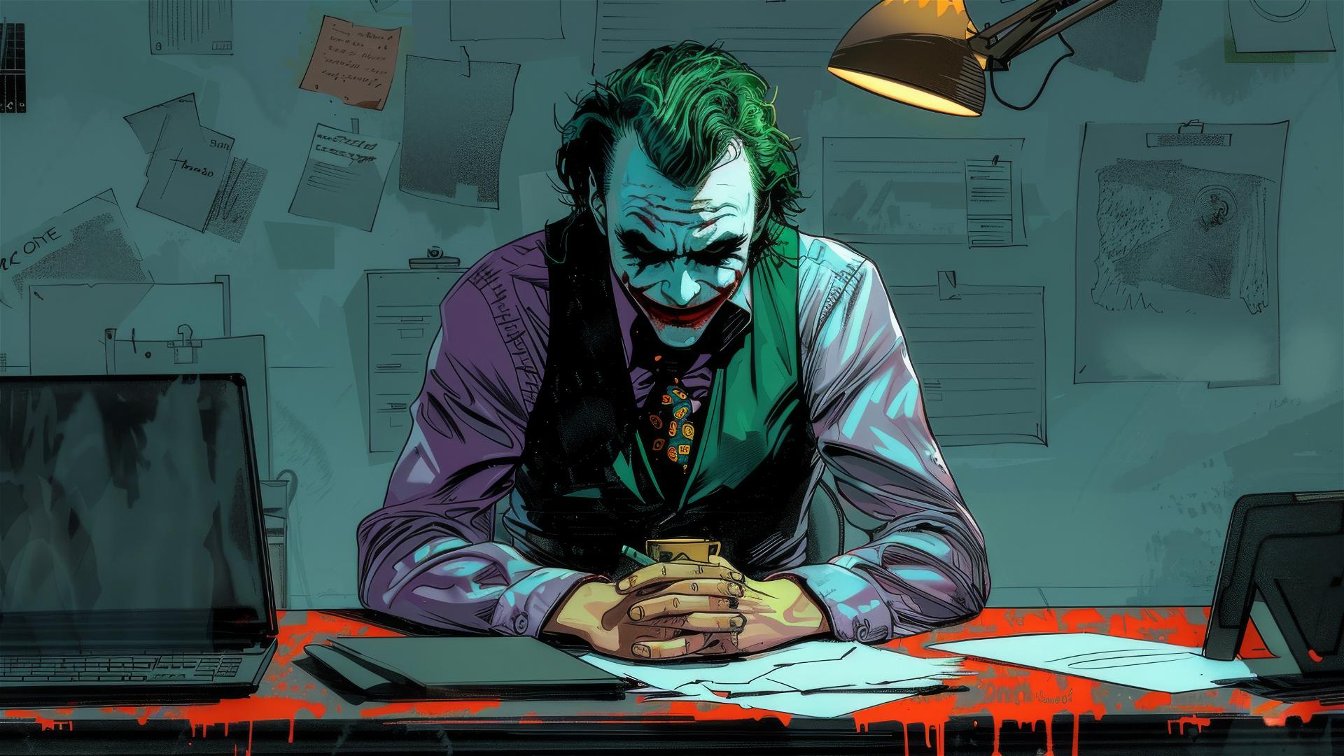 Joker in an office setting, illustrated as a DC villain