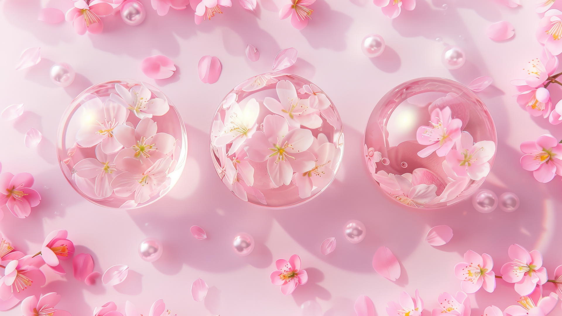 Pink jelly balls with sakura petals, peach blossoms, anime style on white