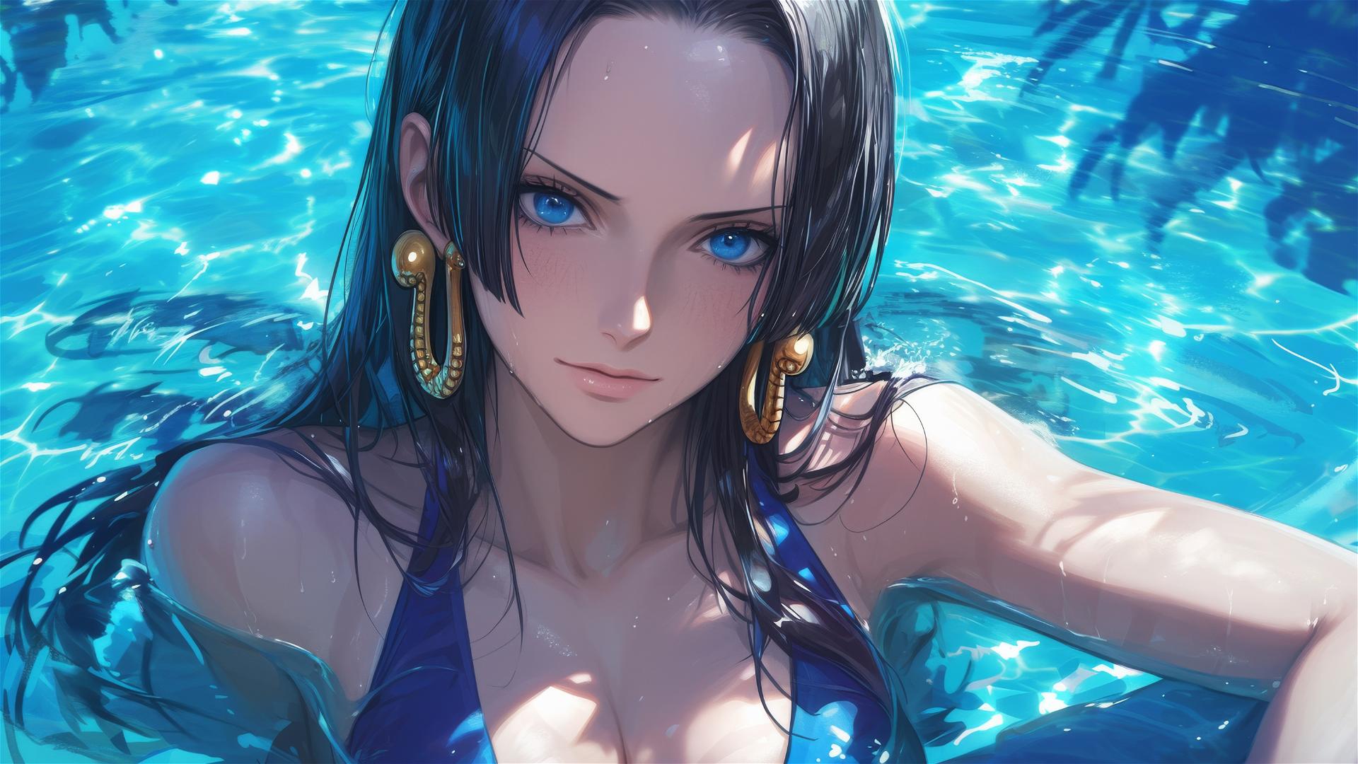 Boa Hancock from One Piece swimming under moonlight