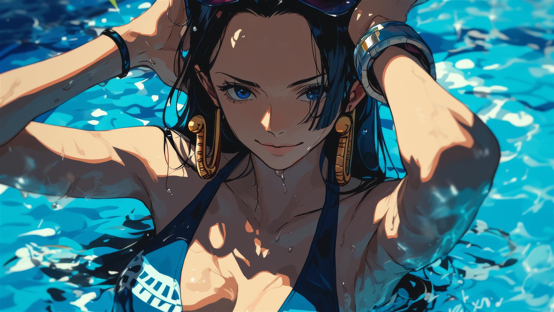 Boa Hancock from One Piece standing in a pool under moonlight
