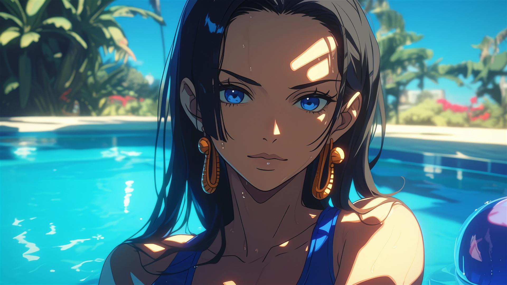 Boa Hancock from One Piece standing in a pool under moonlight