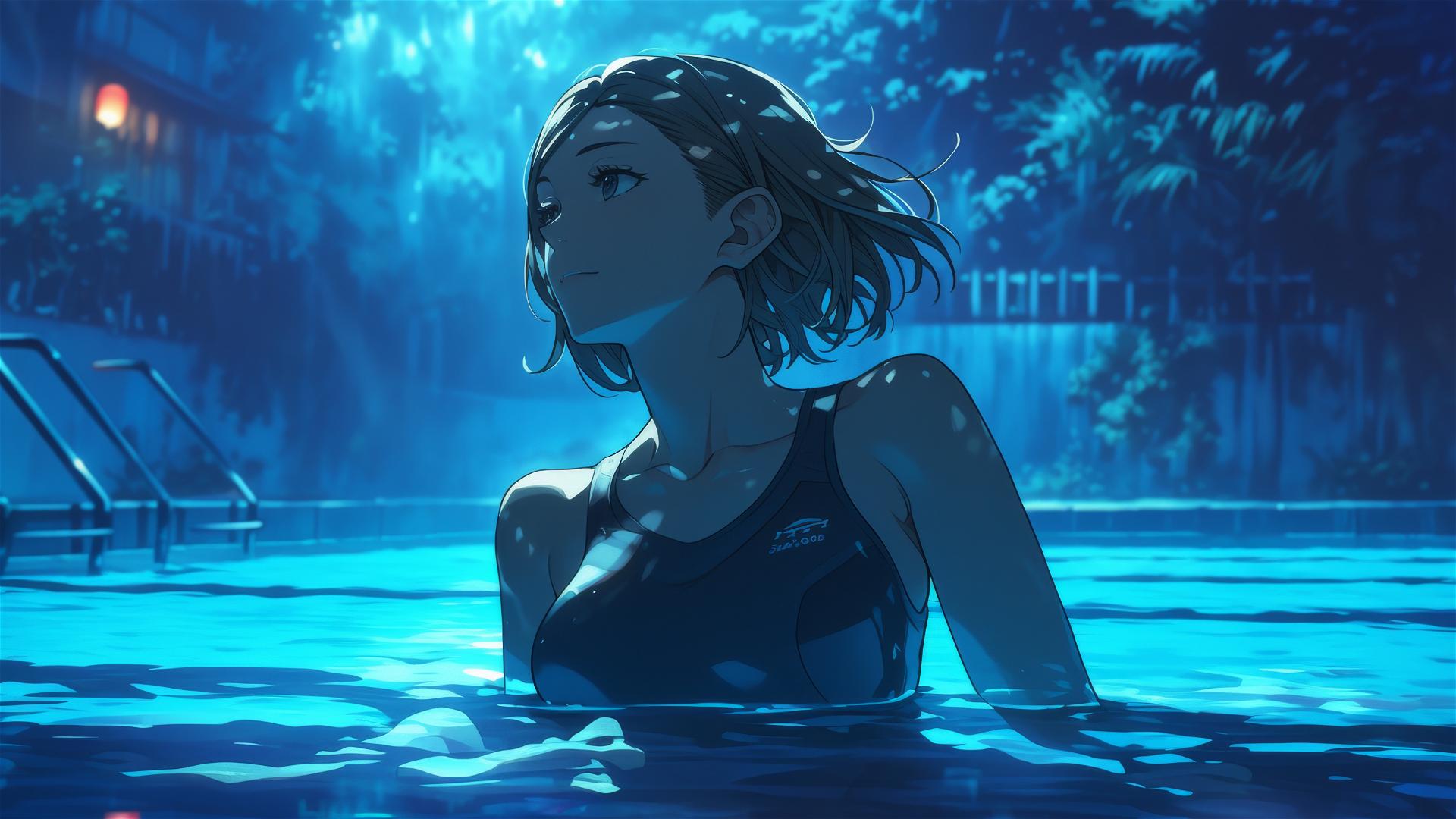 Nobara Kugisaki in pool under moonlight