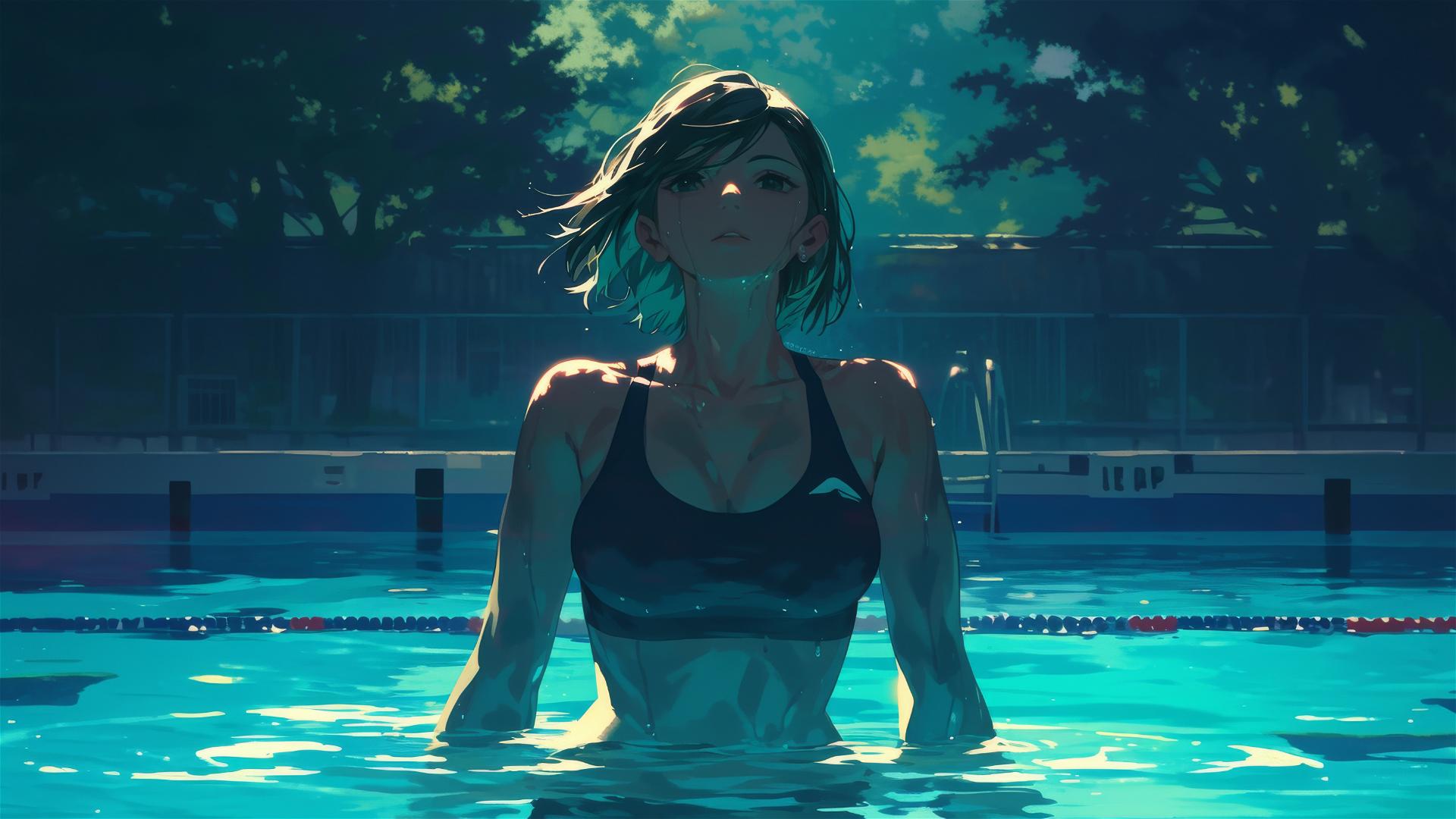 Nobara Kugisaki from Jujutsu Kaisen in a pool under moonlight