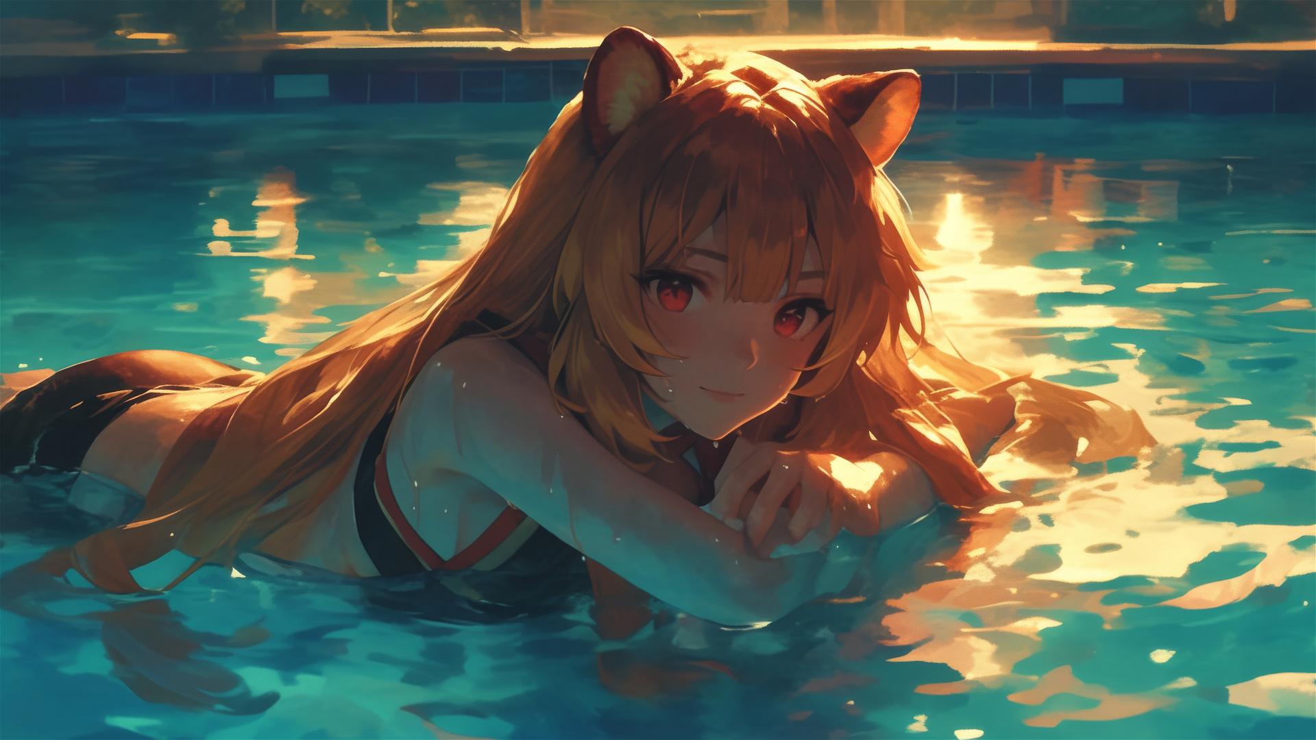 Raphtalia swimming in moonlit pool