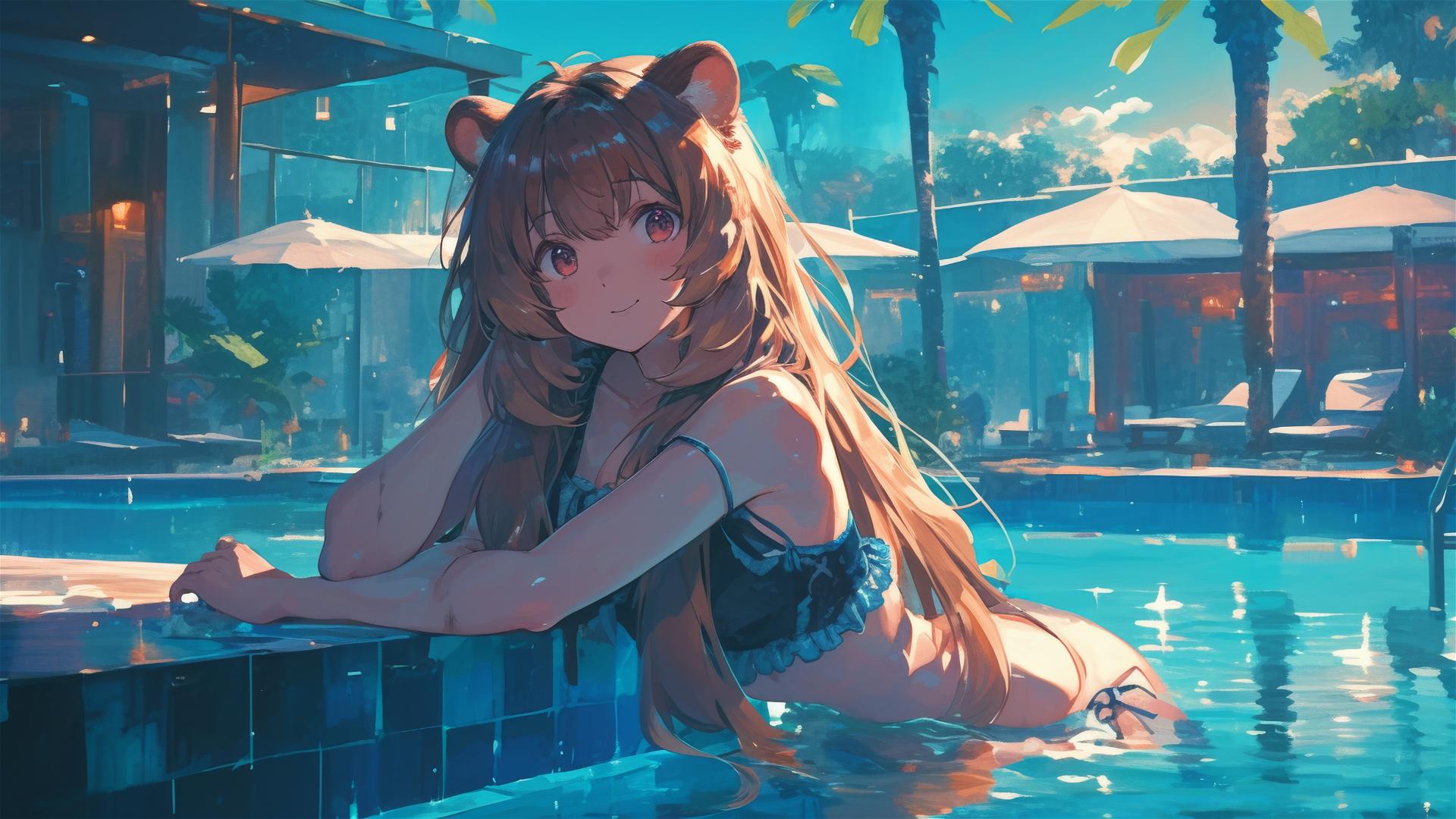 Raphtalia from Shield Hero resting by pool under moonlight