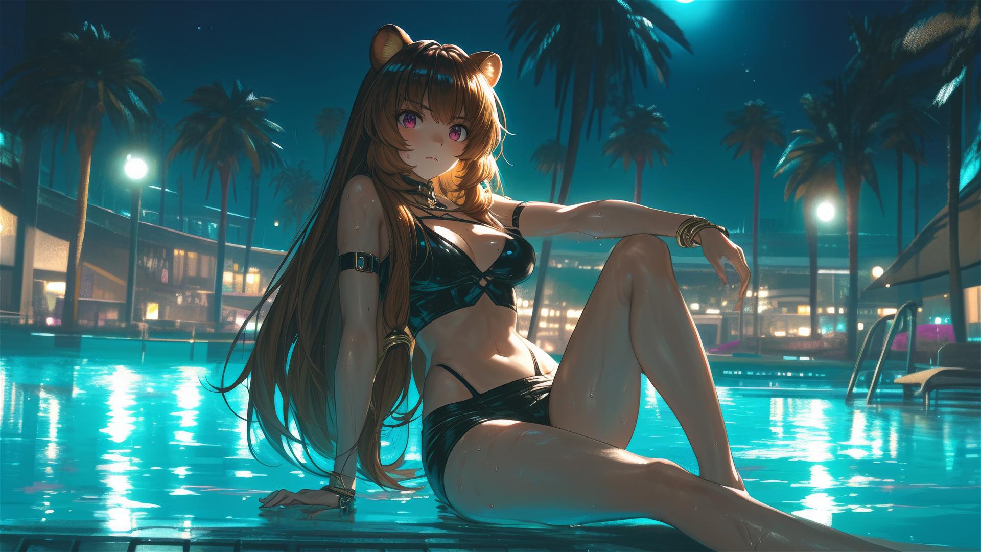 Raphtalia from The Rising of the Shield Hero resting by the pool under moonlight